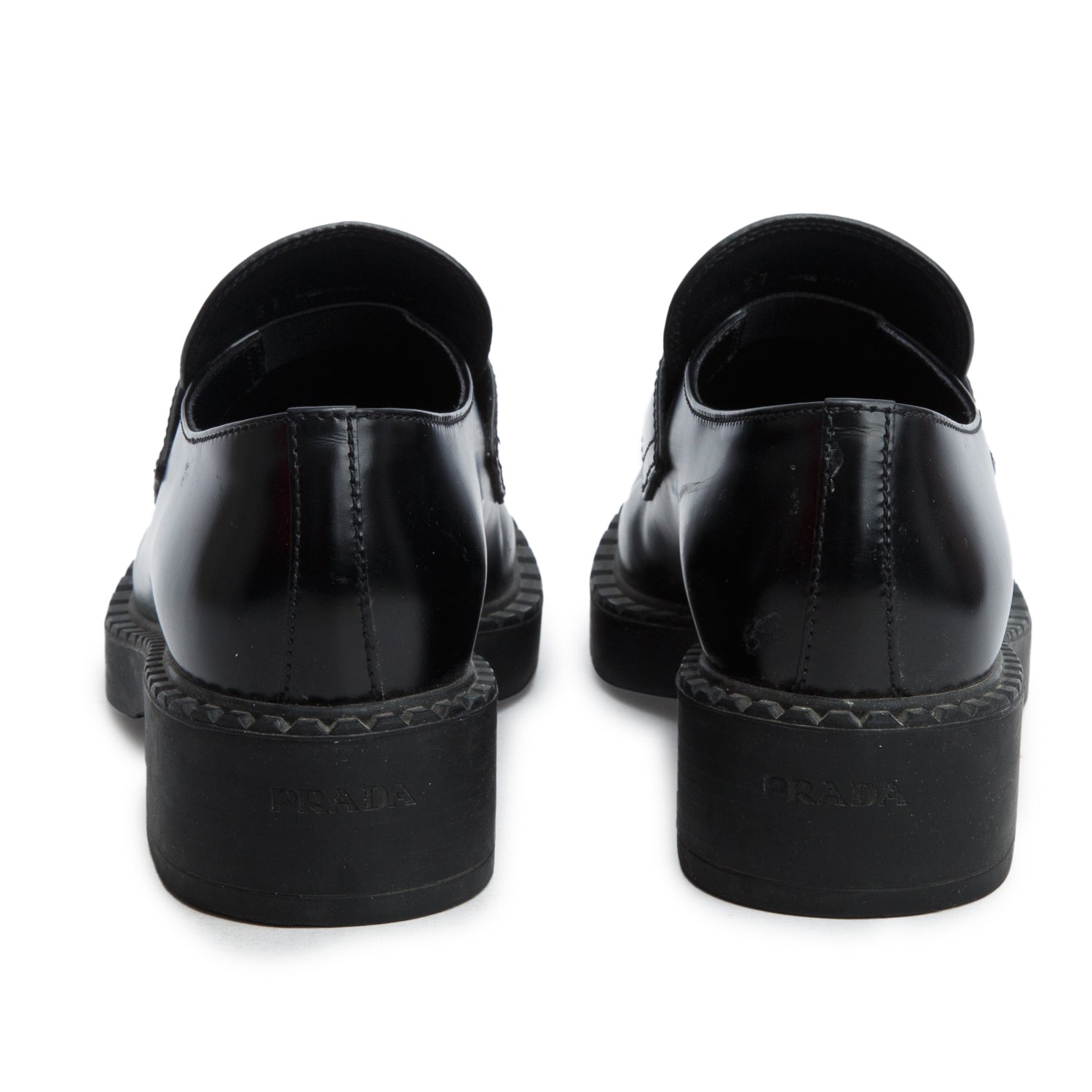 Prada Black Brushed Calfskin Leather Metal Triangle Logo Loafers, Women's Size 37