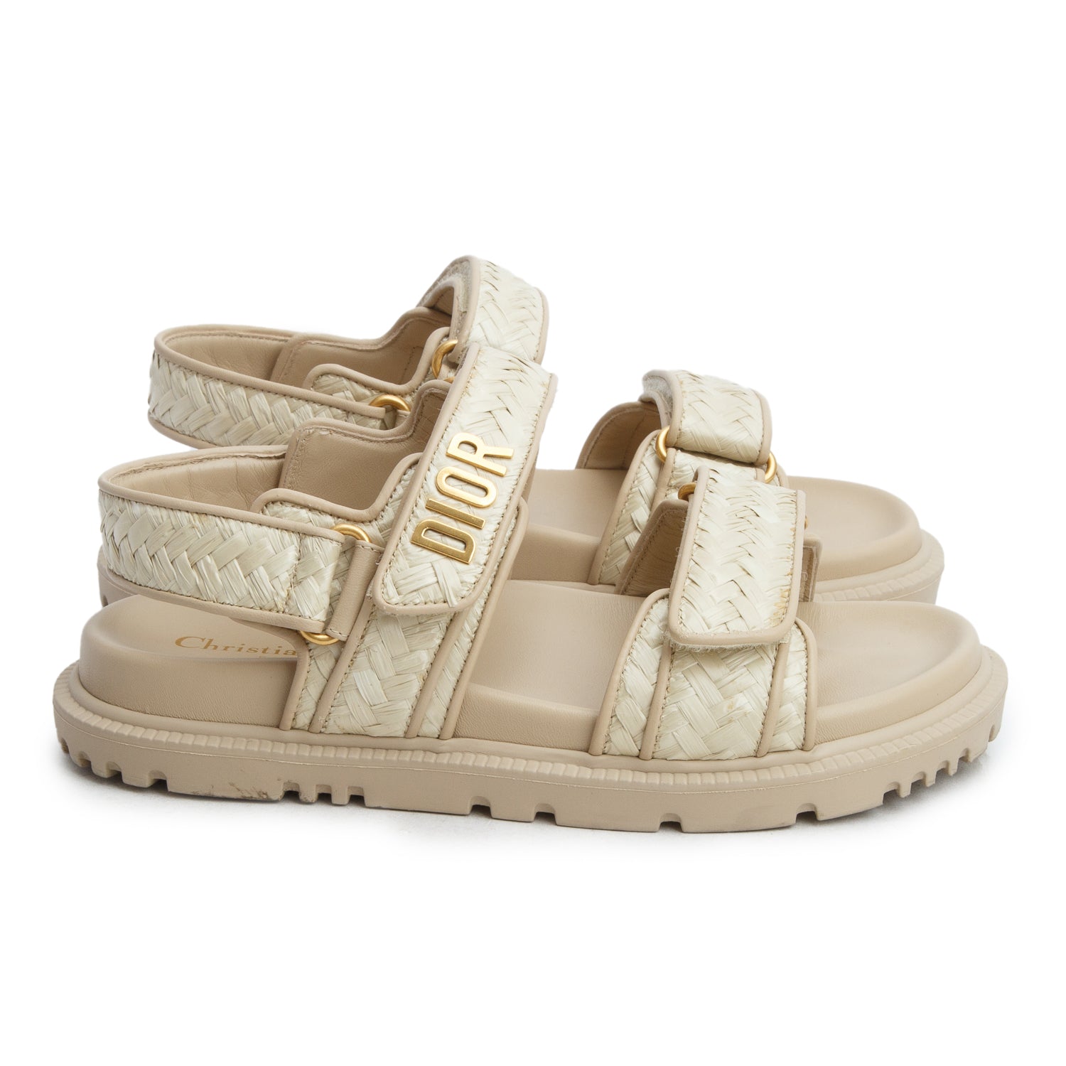 Christian Dior Beige Raffia Leather Trim Dioract Sandals, Women's Size 36.5 w/ Box