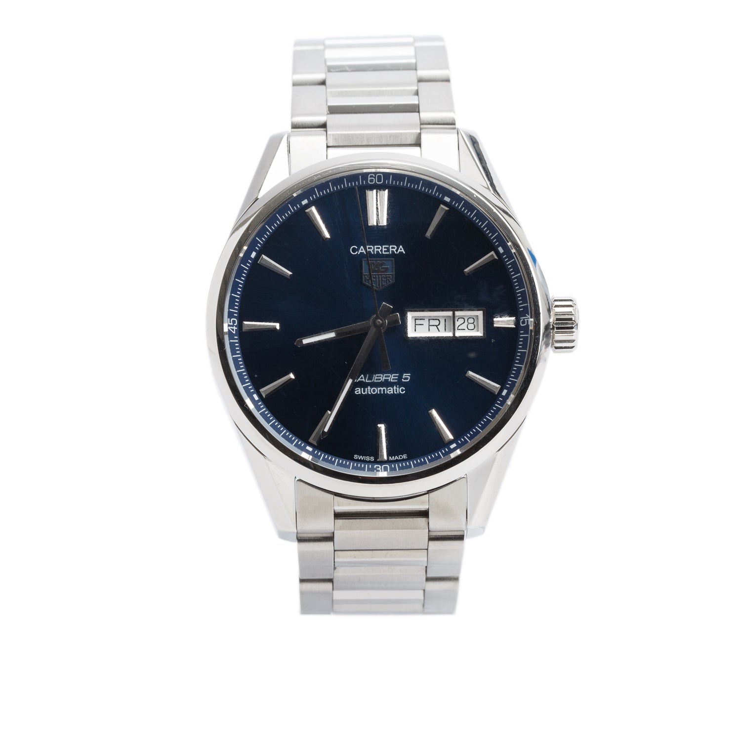 Tag Heuer Stainless Steel Carrera Day Date Calibre 5 41 MM Automatic Watch Blue Dial WAR201E