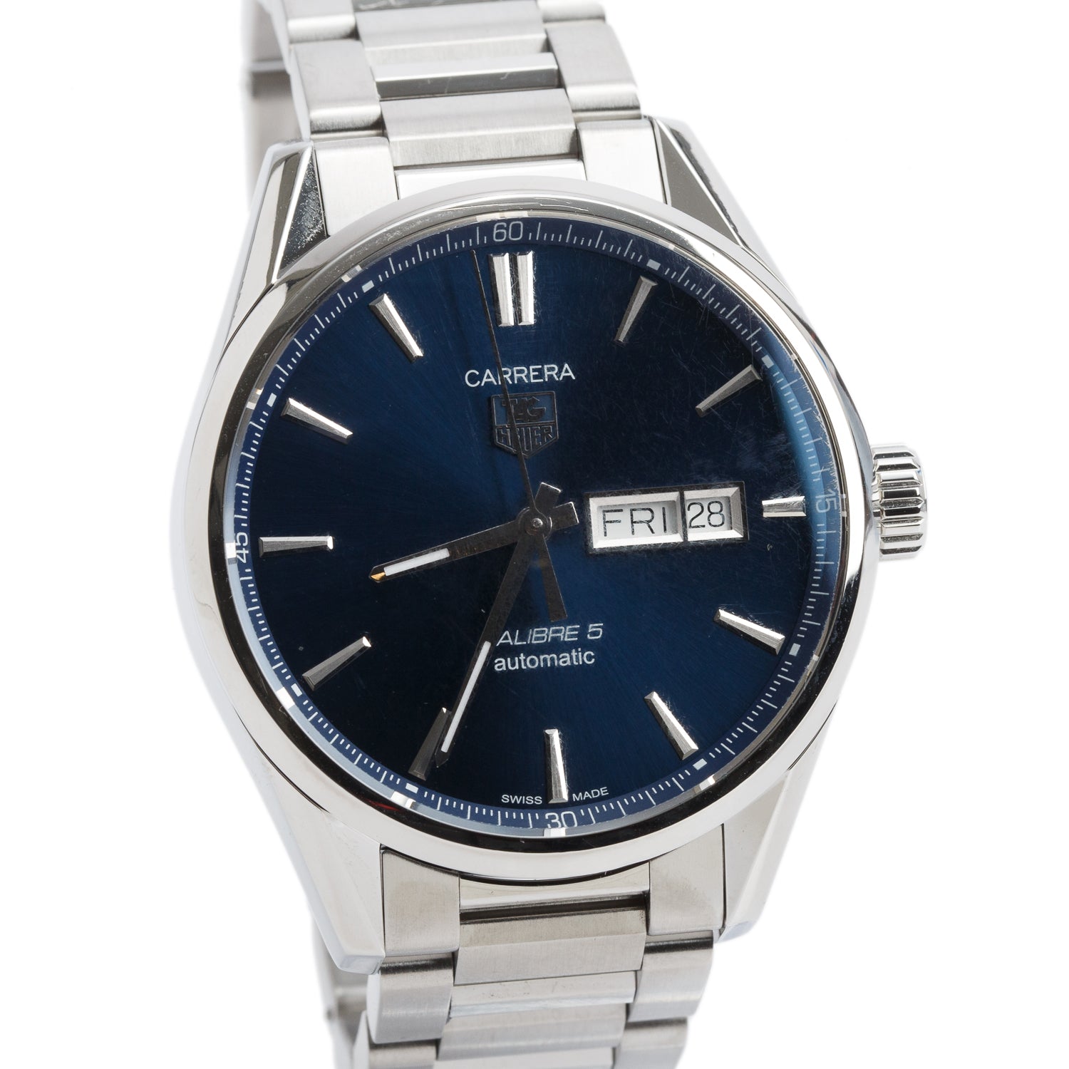 Tag Heuer Stainless Steel Carrera Day Date Calibre 5 41 MM Automatic Watch Blue Dial WAR201E