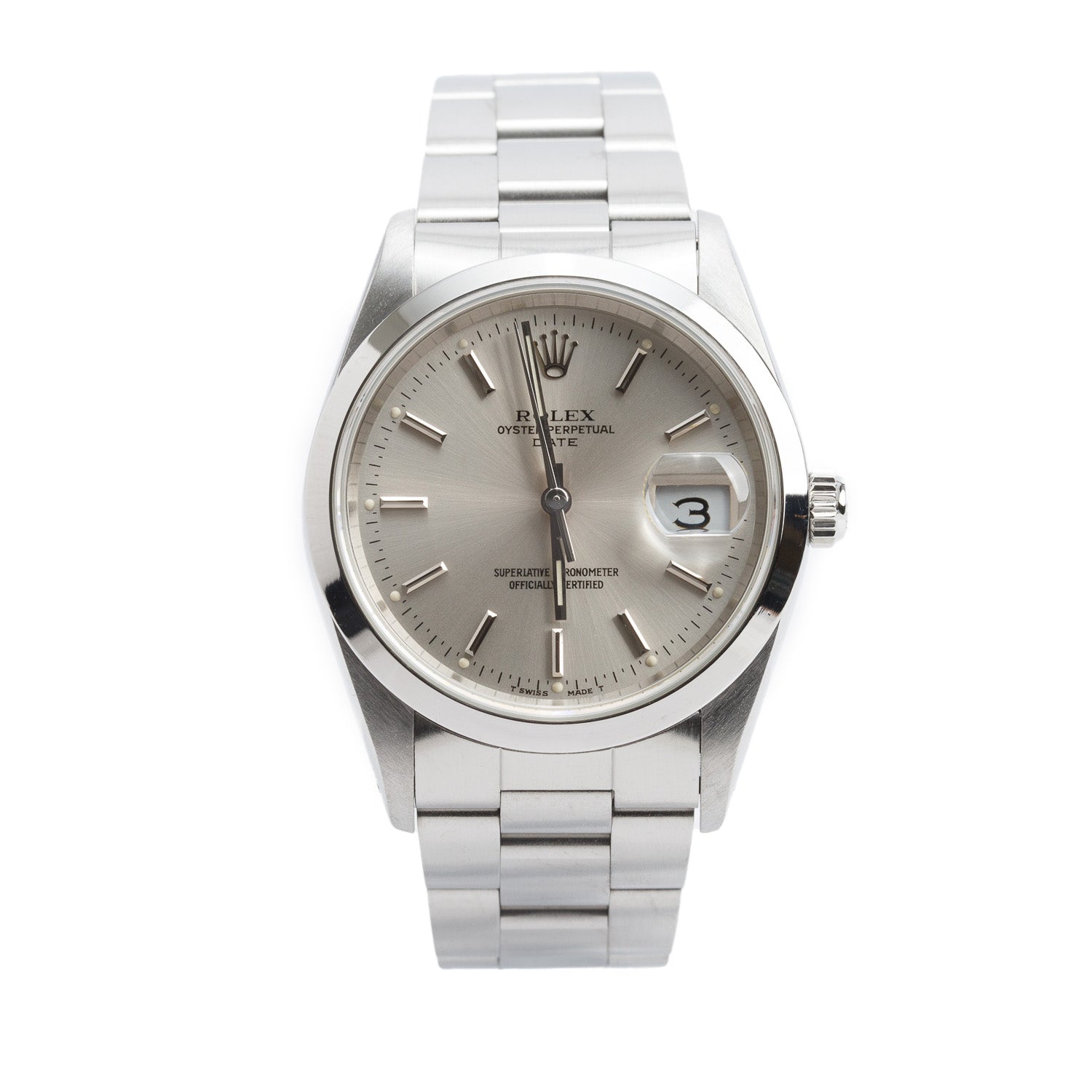 Rolex Stainless Steel Oyster Perpetual Date 34 MM Automatic Watch Silver Dial 15200