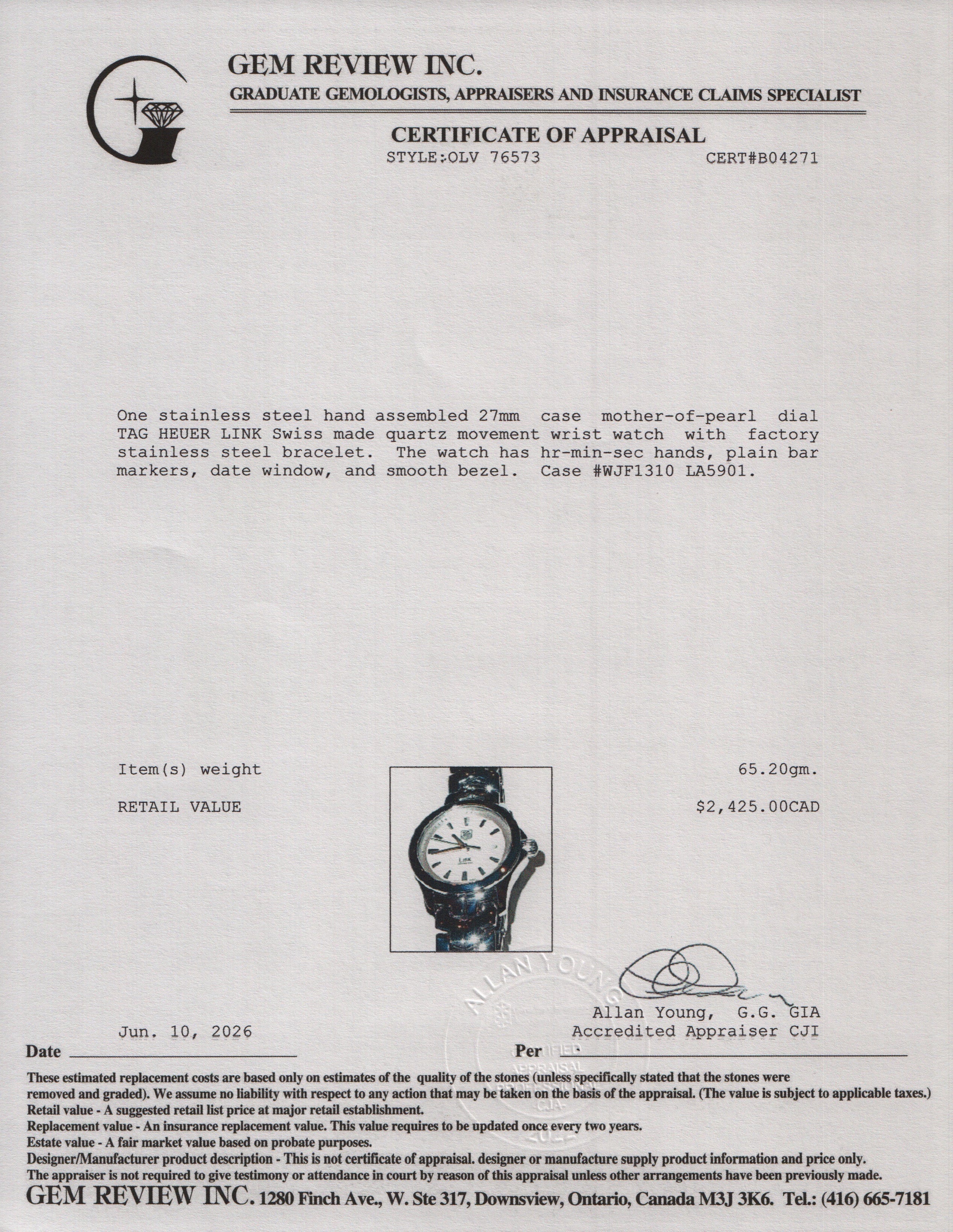 Tag Heuer Stainless Steel Link 27 MM Quartz Watch Mother of Pearl Dial WJF1310 w/ Box & Papers