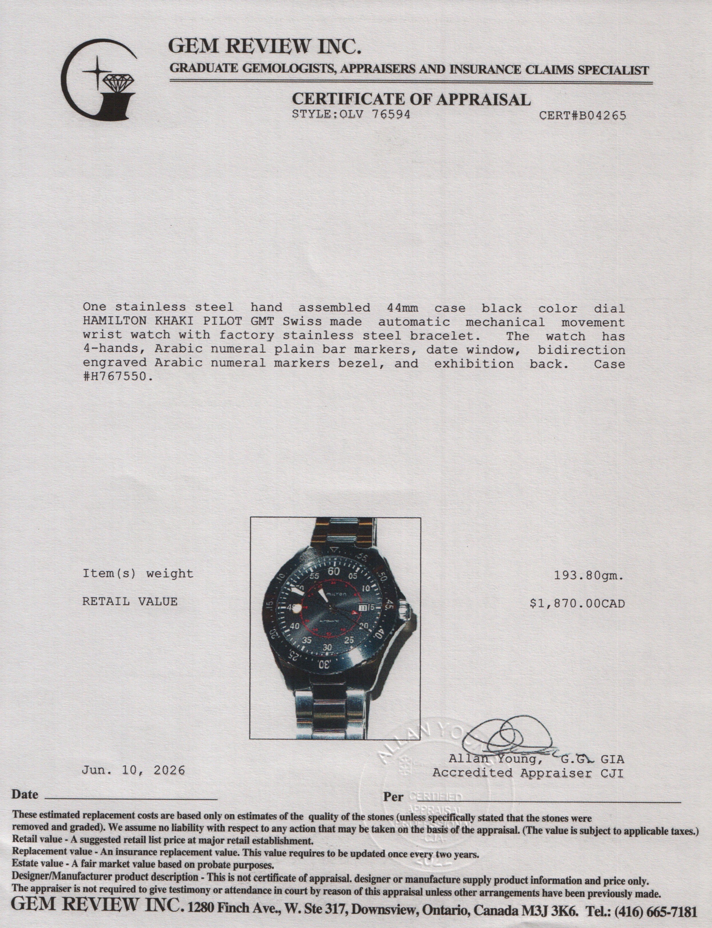Hamilton Stainless Steel Khaki Pilot 44 MM GMT Automatic Watch Black Dial H76755135 w/ Case & Papers