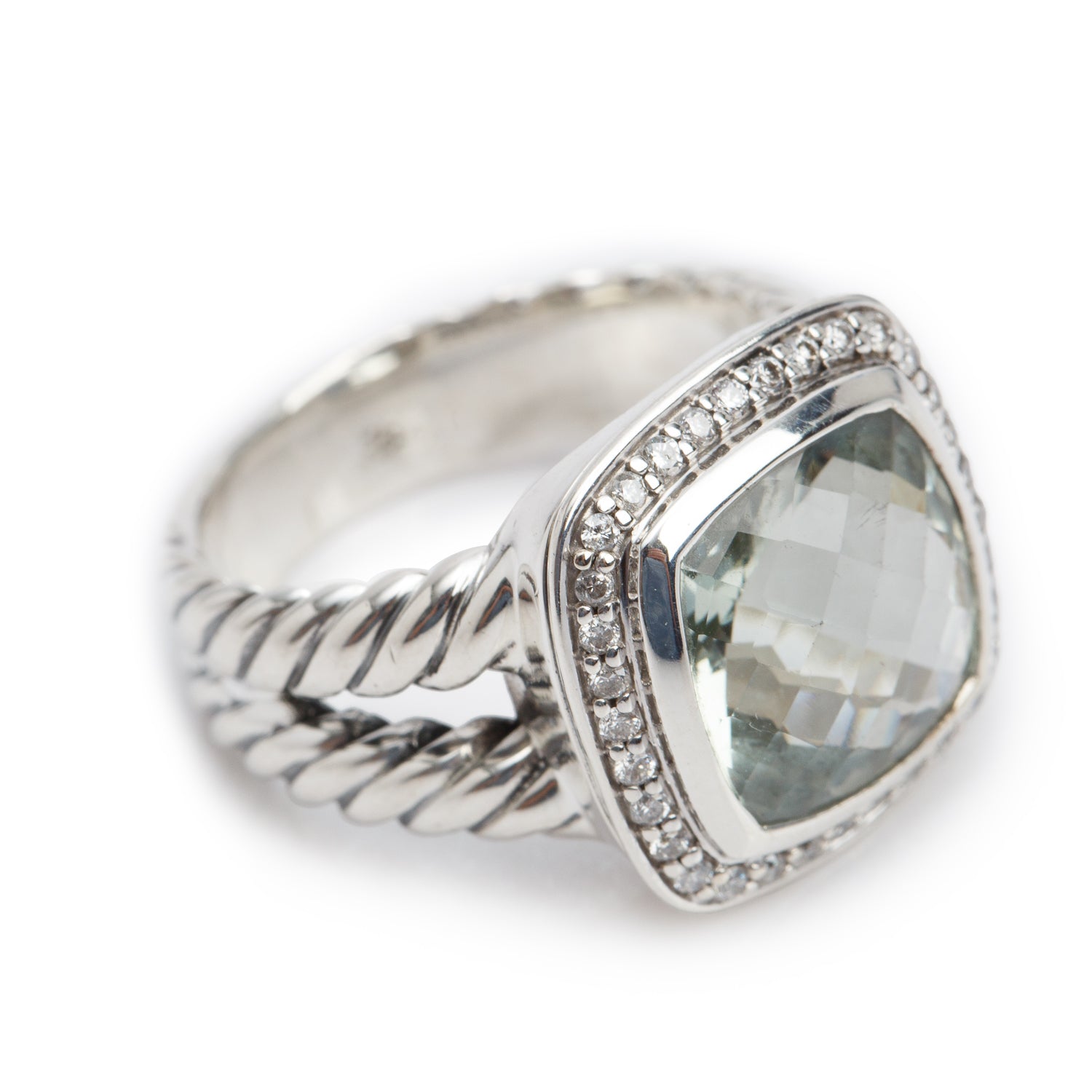 David Yurman Sterling Silver Albion Ring with 11 MM Prasiolite & Diamonds, Size 6.25