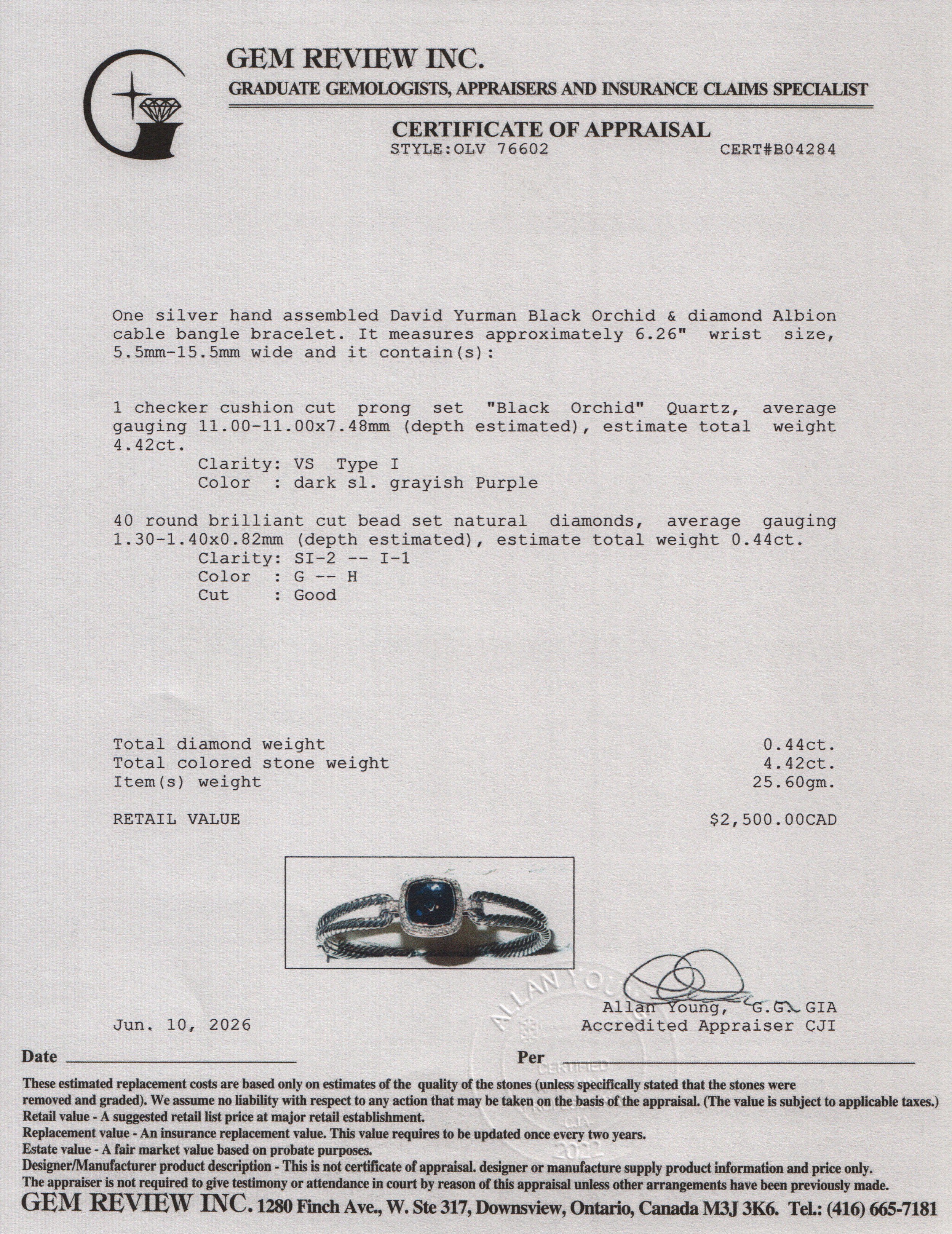 David Yurman Sterling Silver Black Orchid & Diamond Albion Cable Bracelet w/ Box