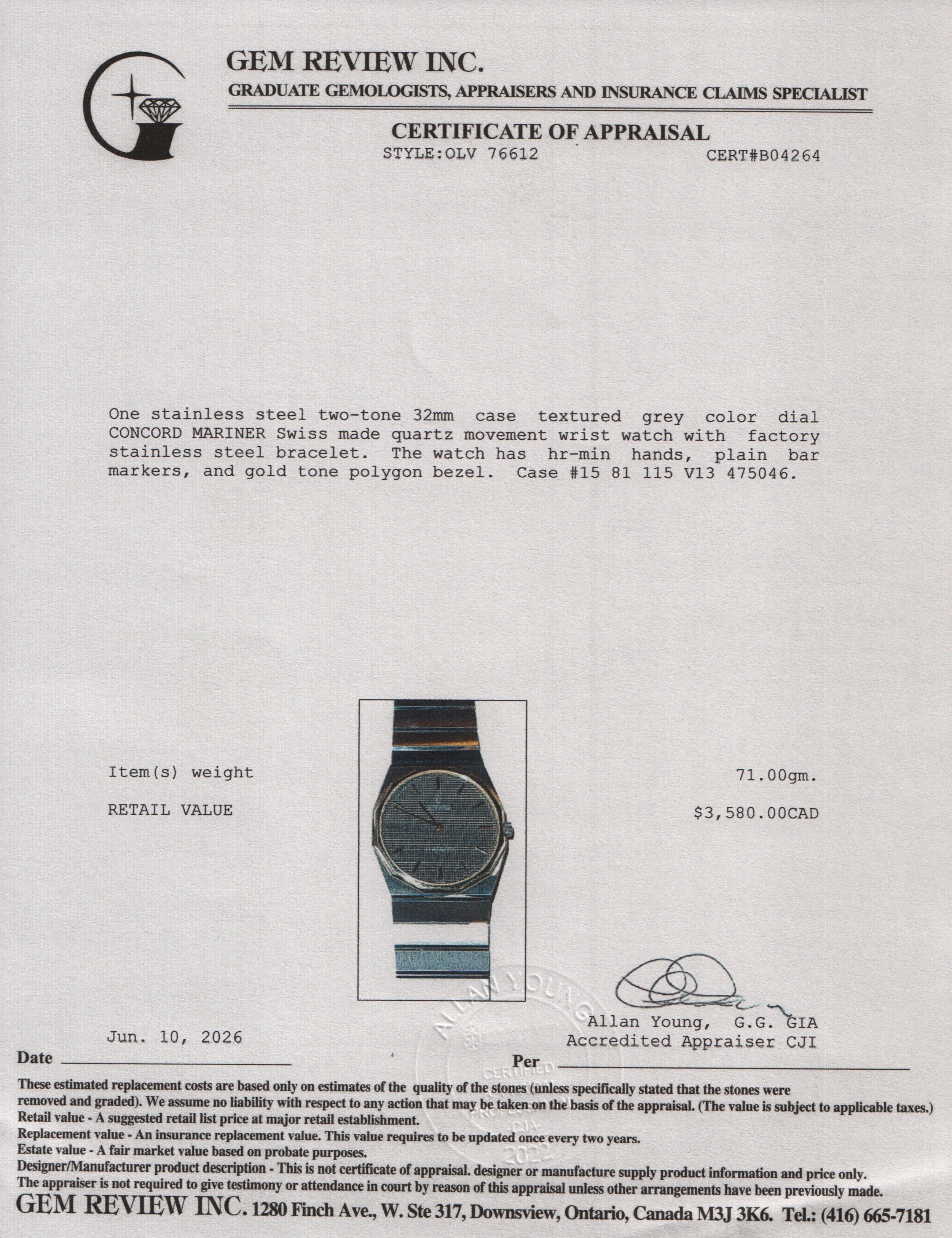 Concord Two-Tone Stainless Steel Mariner 32 MM Quartz Watch Black Dial w/ Box