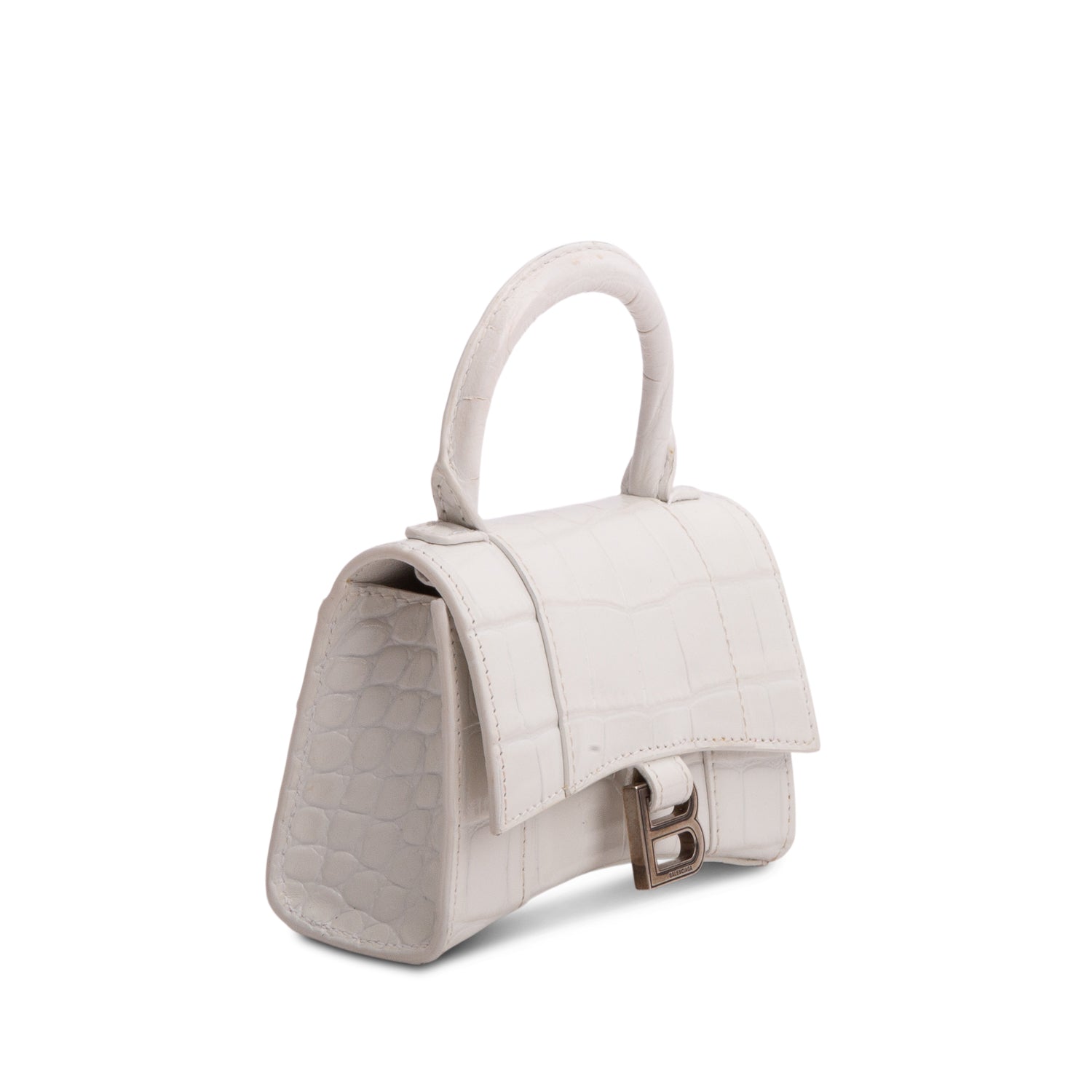 Balenciaga White Shiny Calfskin Croc Embossed Hourglass Top Handle Mini Bag w/ Strap