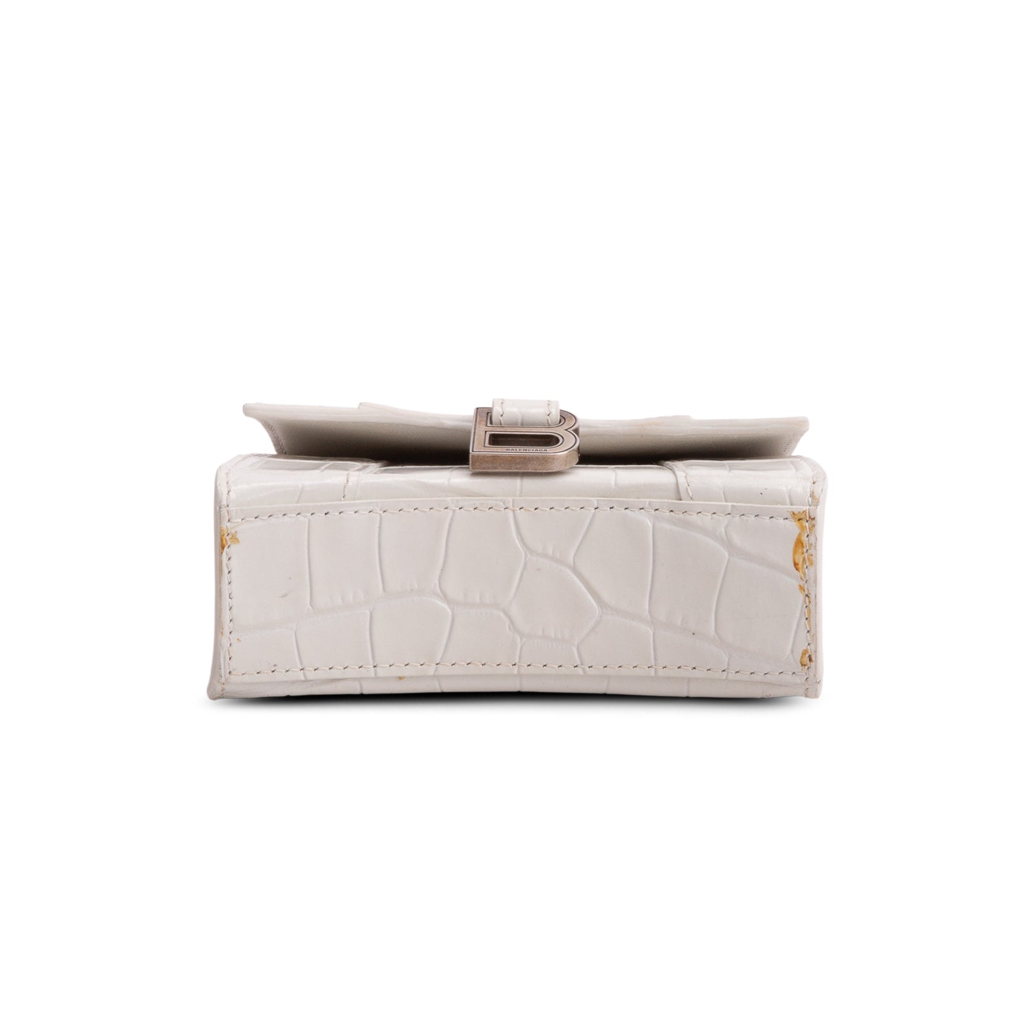 Balenciaga White Shiny Calfskin Croc Embossed Hourglass Top Handle Mini Bag w/ Strap