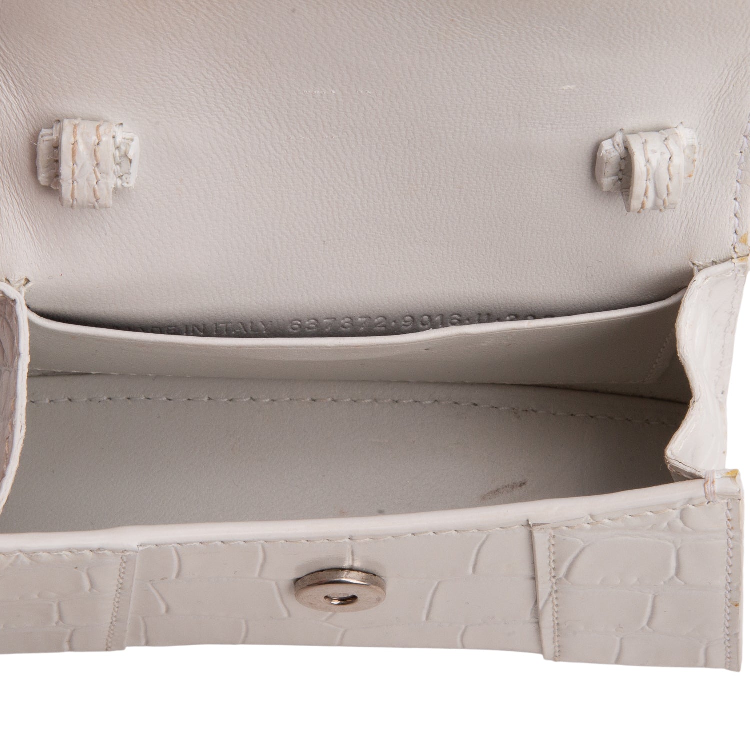 Balenciaga White Shiny Calfskin Croc Embossed Hourglass Top Handle Mini Bag w/ Strap