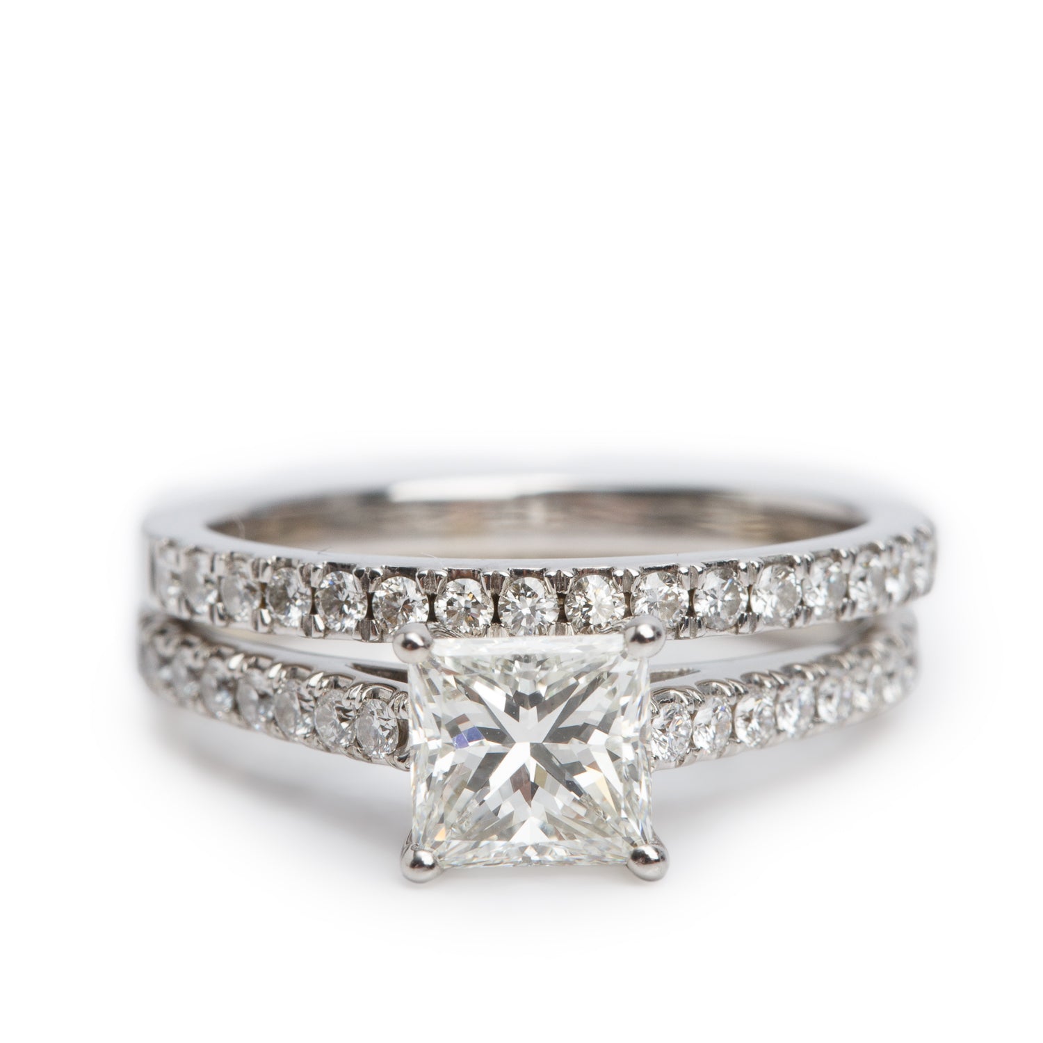 14k White Gold 1.00 ct. Princess Cut Diamond Engagement Ring & Half Eternity Band Ring Set, Size 5 w/ GIA Certificate