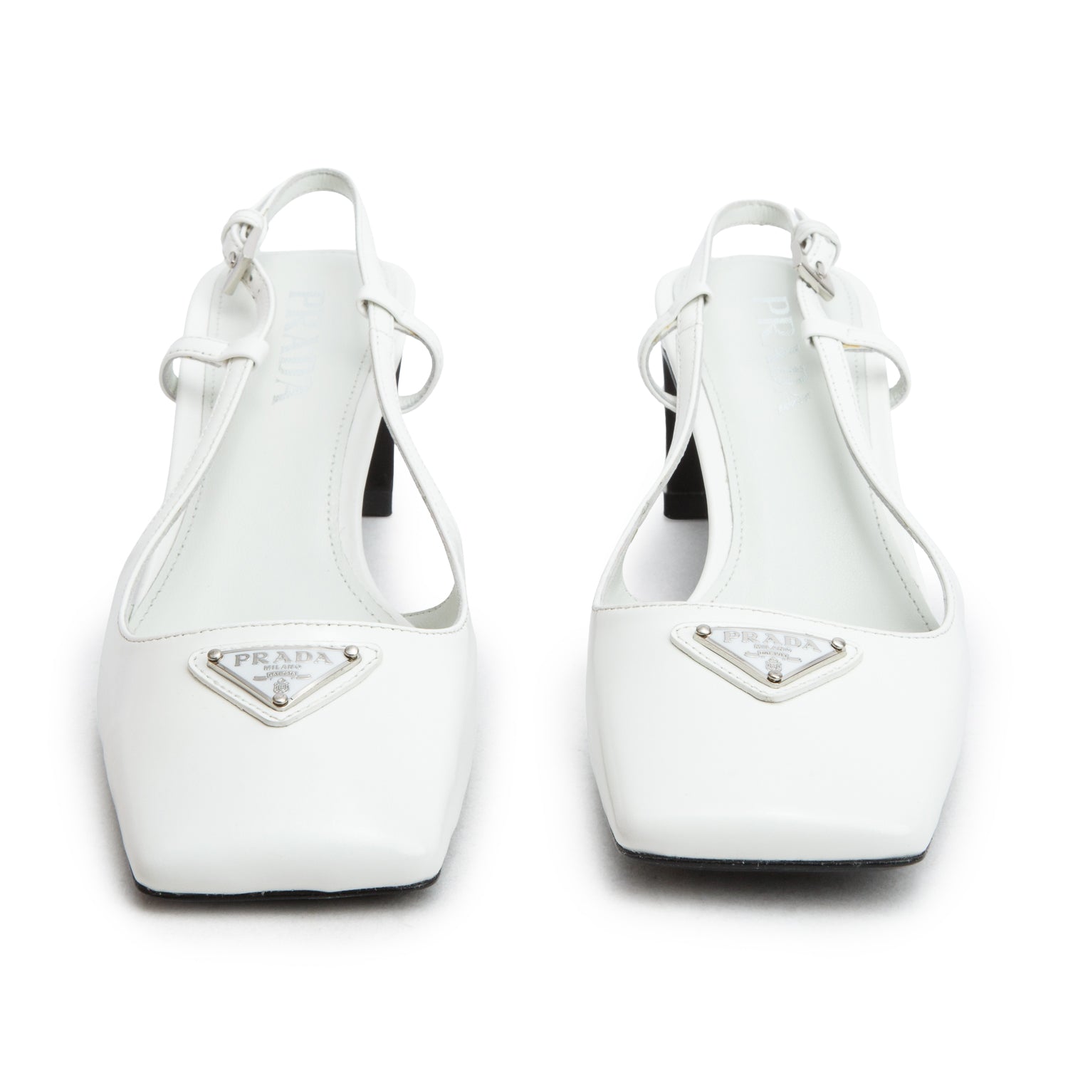 Prada White Patent Leather Triangle Logo Slingback Pumps, Women's Size 38 w/ Box