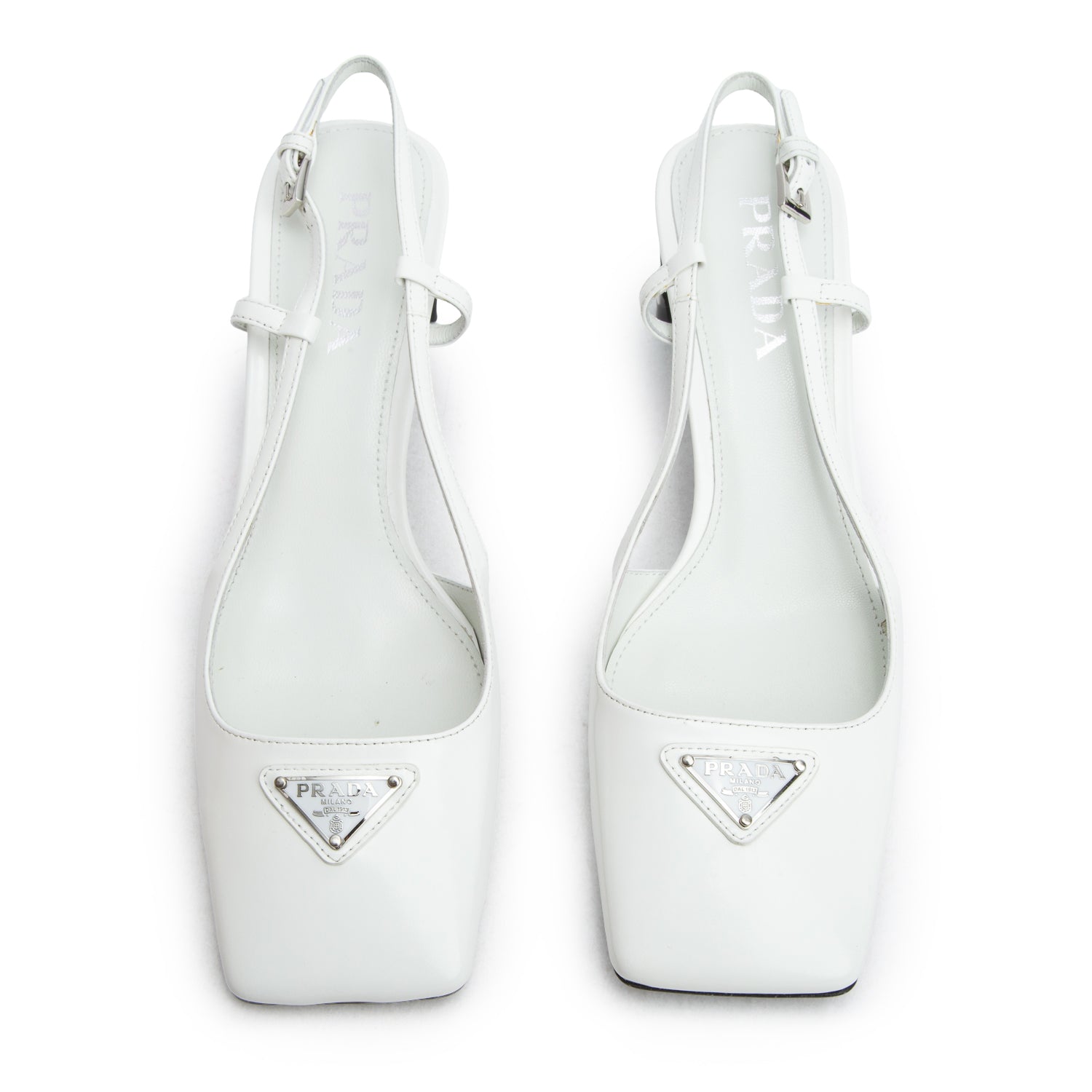 Prada White Patent Leather Triangle Logo Slingback Pumps, Women's Size 38 w/ Box