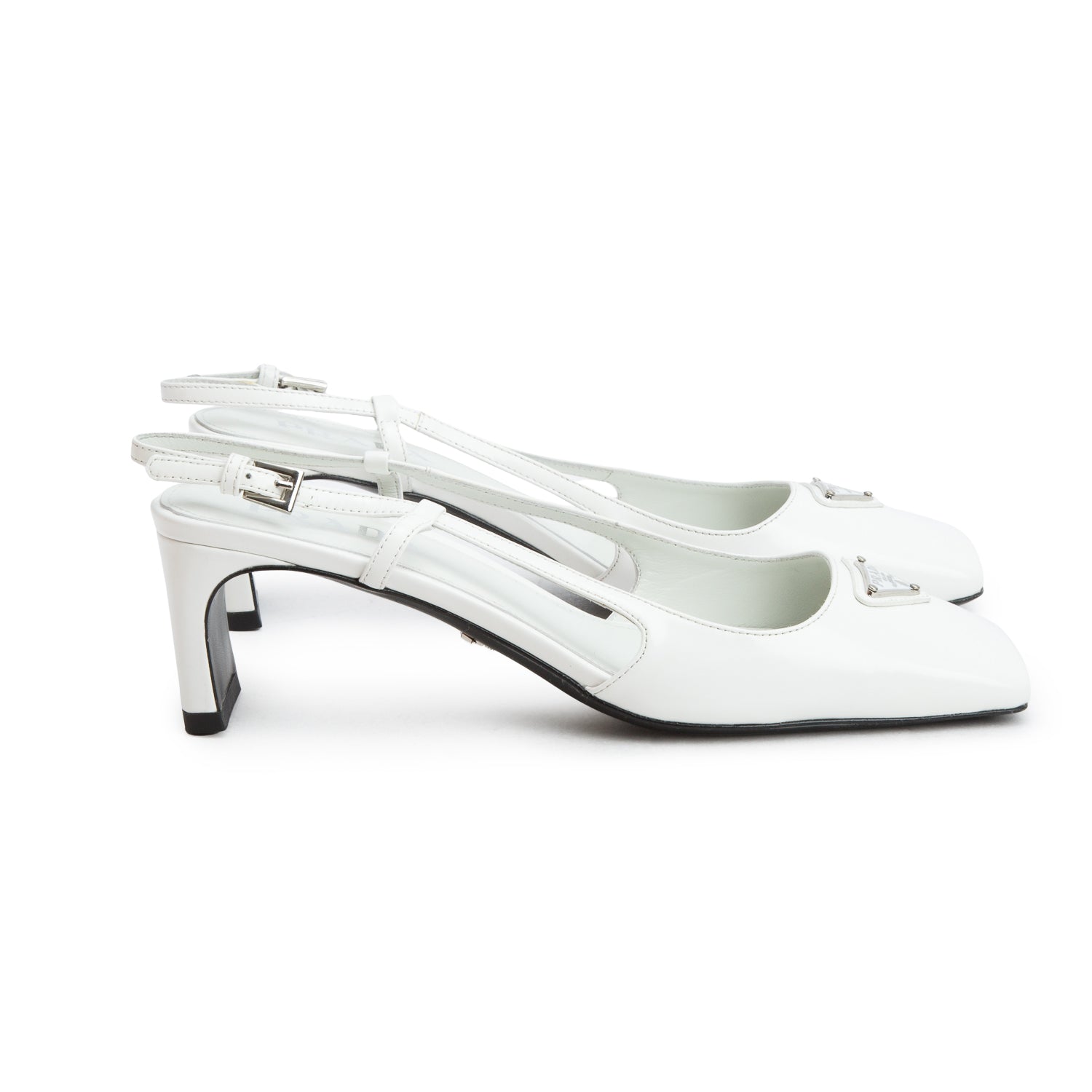 Prada White Patent Leather Triangle Logo Slingback Pumps, Women's Size 38 w/ Box