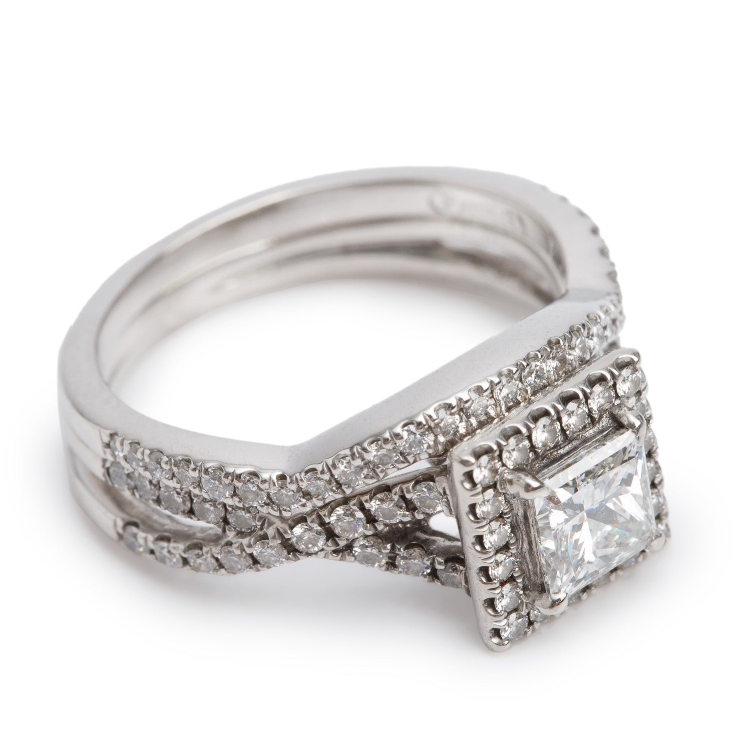 14k White Gold 0.72 ct. Princess Cut Diamond Engagement Ring & Half Eternity Band Ring Set, Size 6 w/ GIA Certificate