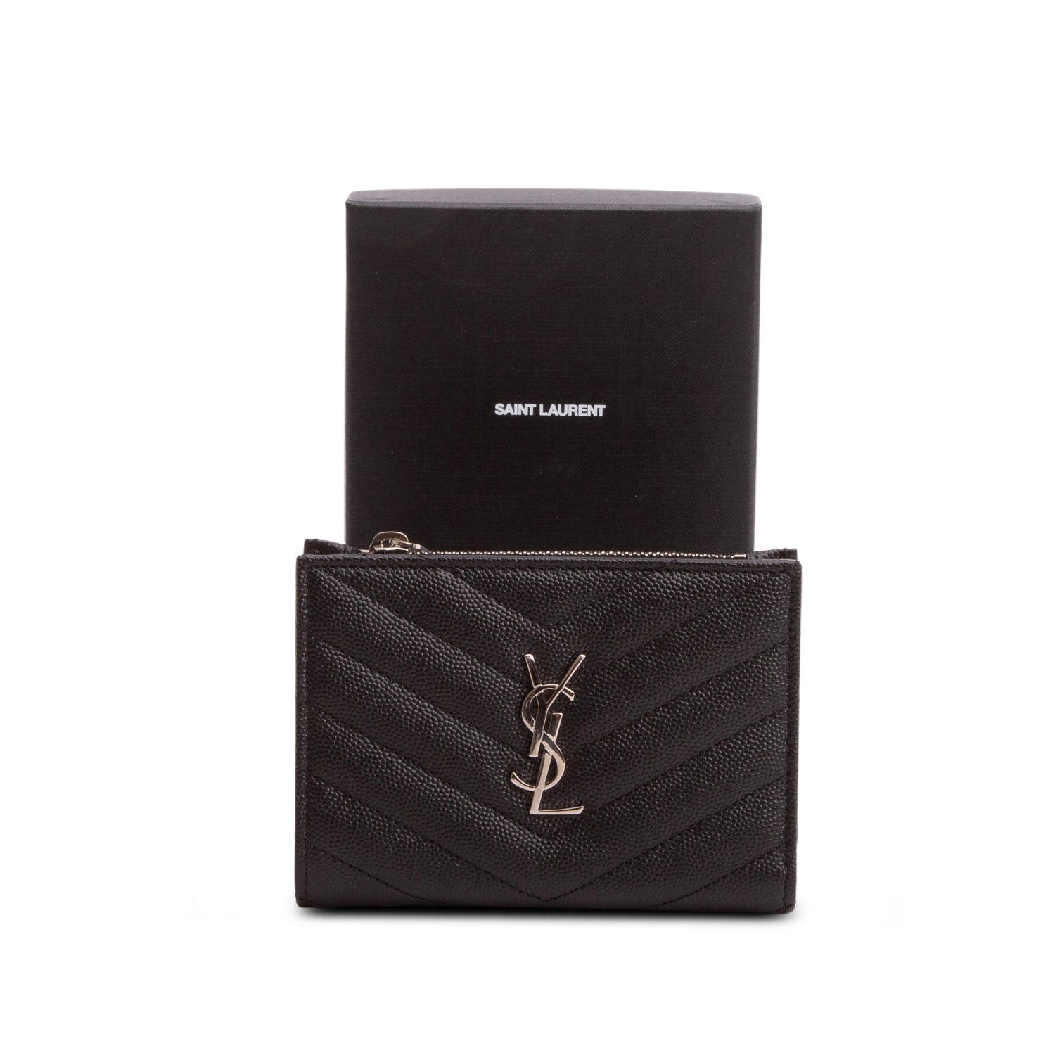 Saint Laurent 2022 Black Grain de Poudre Cassandre Matelasse Fragments Bi-Fold Wallet w/ Box & Receipt