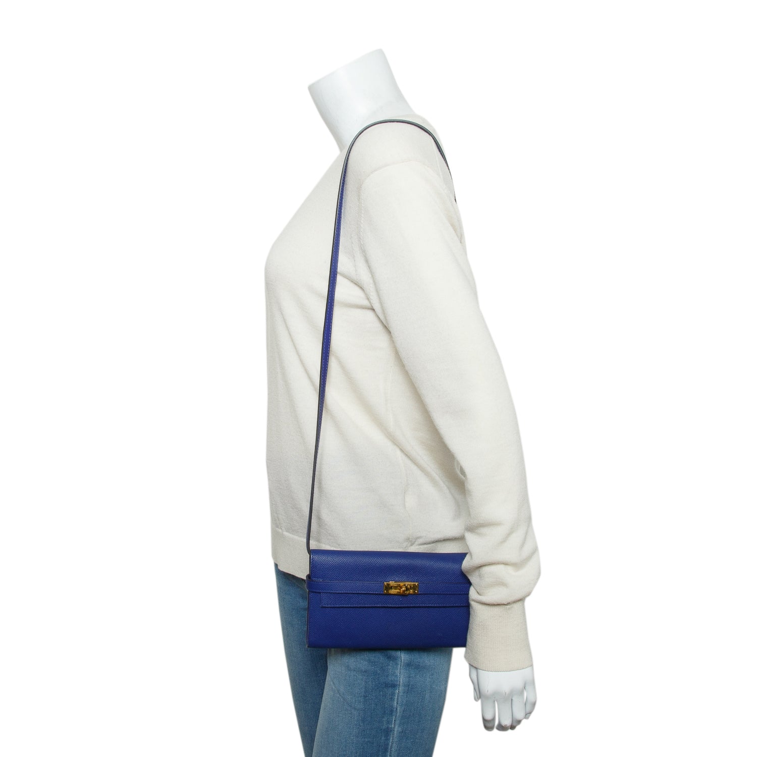 Hermes Bleu Royal Epsom Leather Kelly Wallet To Go w/ Strap