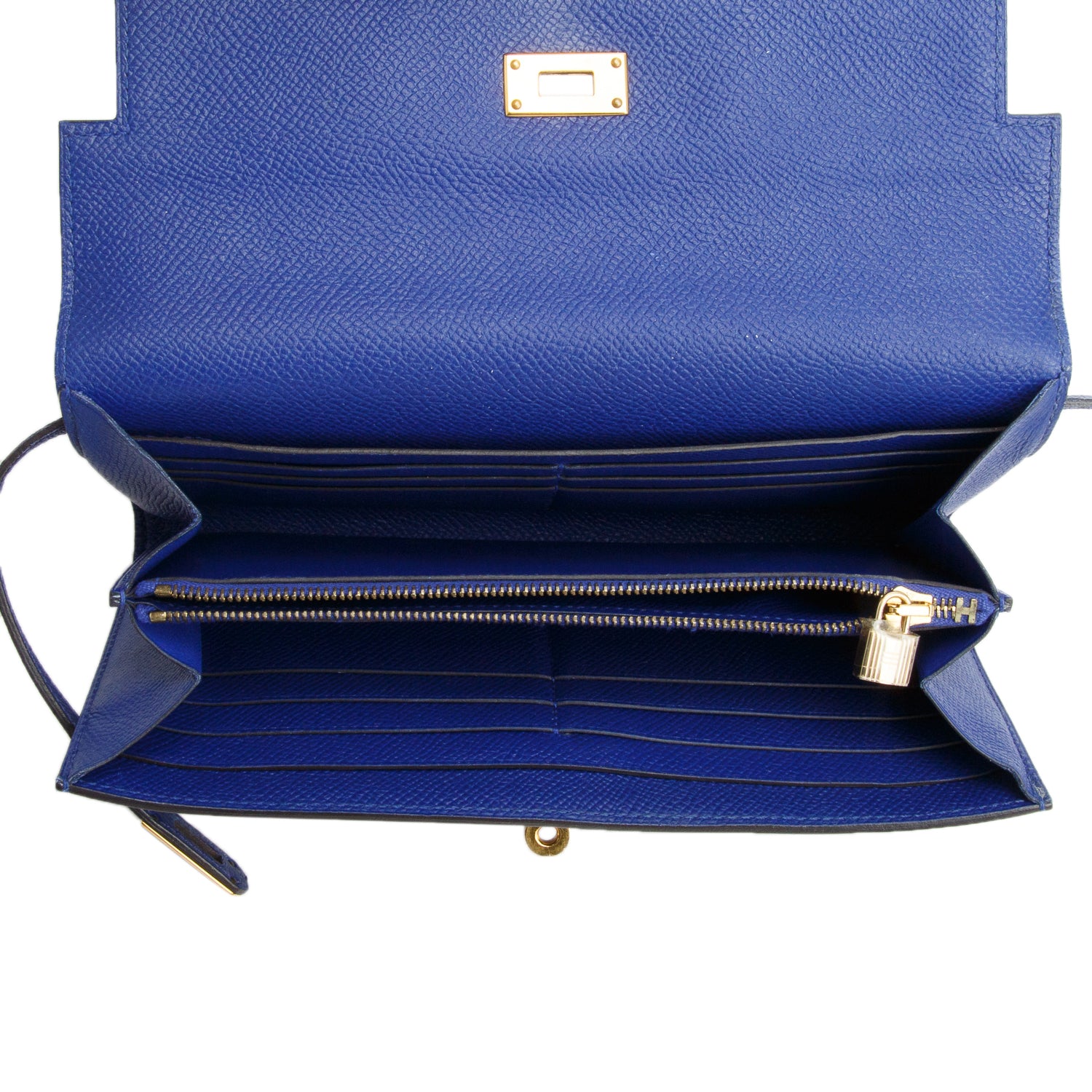 Hermes Bleu Royal Epsom Leather Kelly Wallet To Go w/ Strap