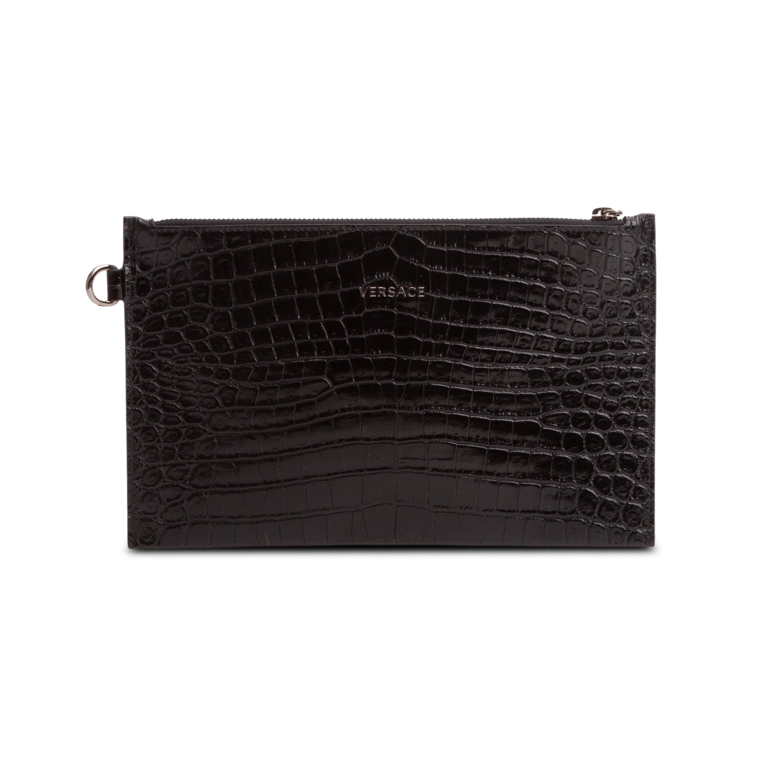 Versace Black Shiny Croc Embossed Calfskin Wristlet