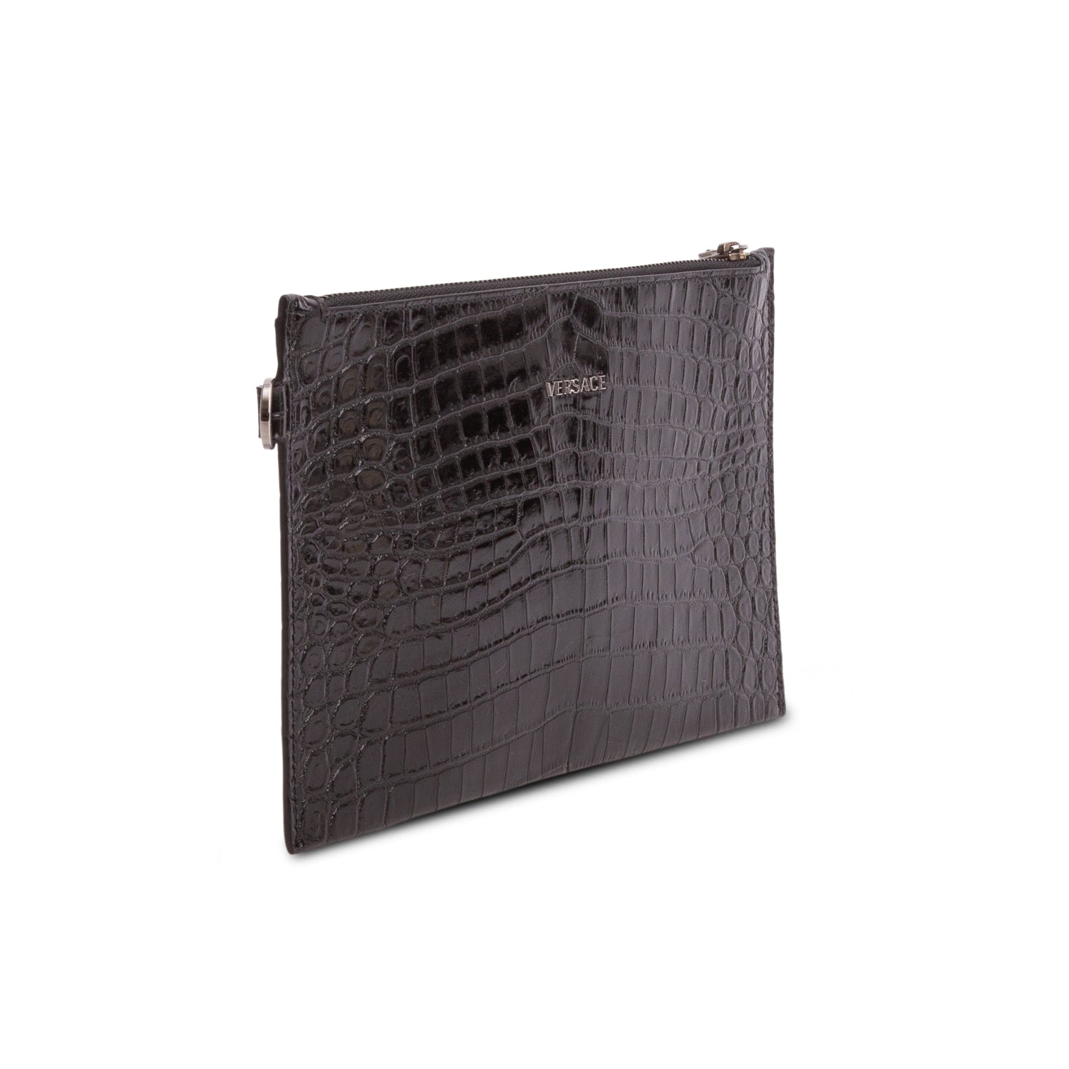 Versace Black Shiny Croc Embossed Calfskin Wristlet