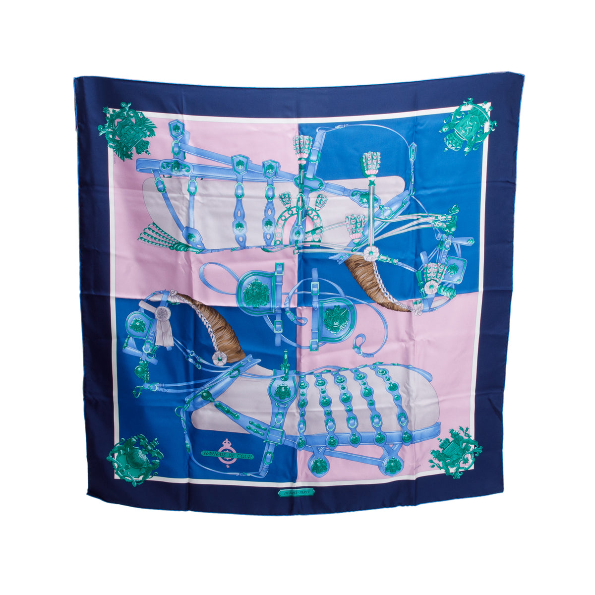 Hermes Blue & Multicolor 'Harnais de Cour' Silk Scarf 90 w/ Box & Receipt