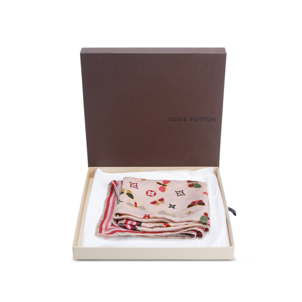 Louis Vuitton Pink Monogram Multicolor Butterfly Motif Square Silk Scarf w/ Box