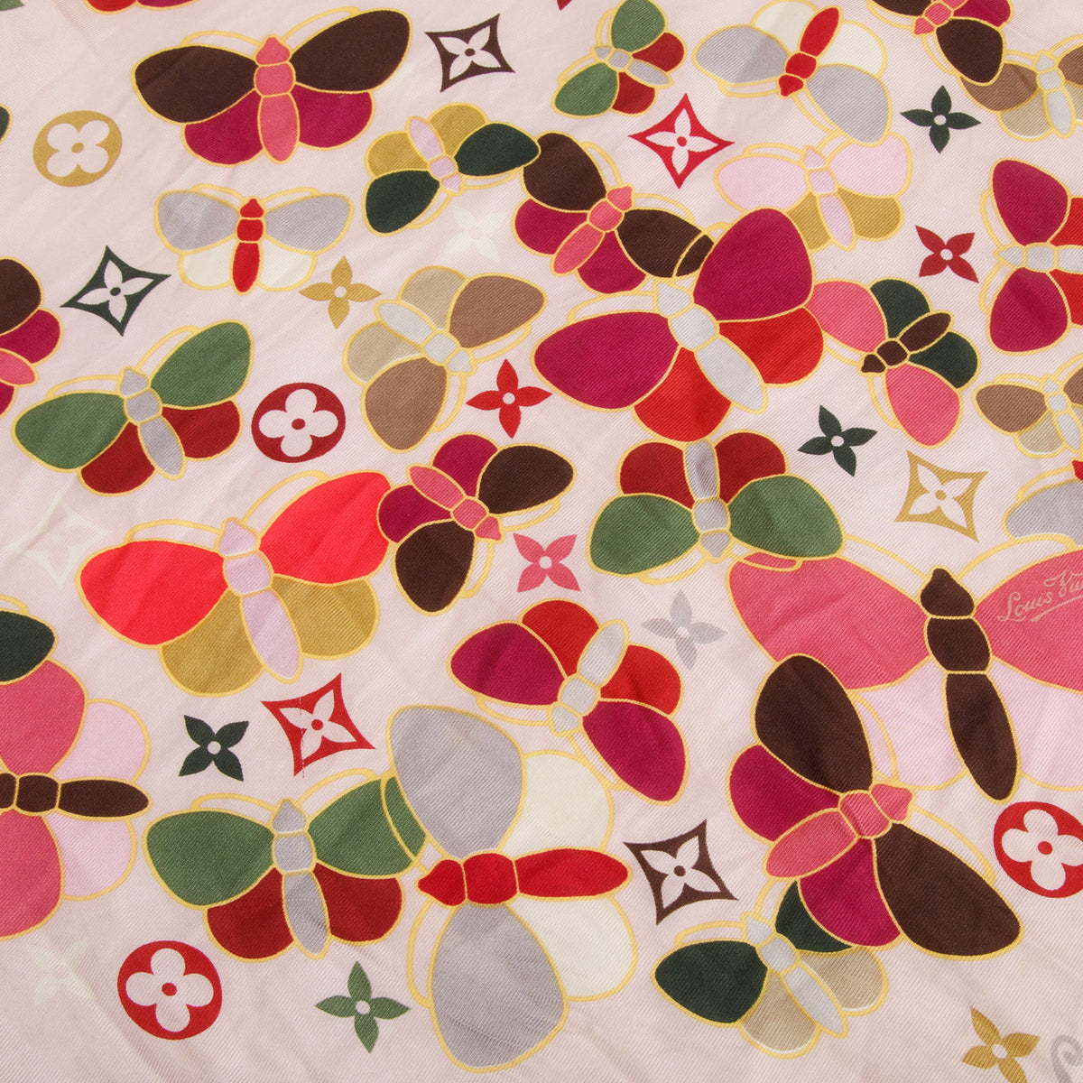 Louis Vuitton Pink Monogram Multicolor Butterfly Motif Square Silk Scarf w/ Box