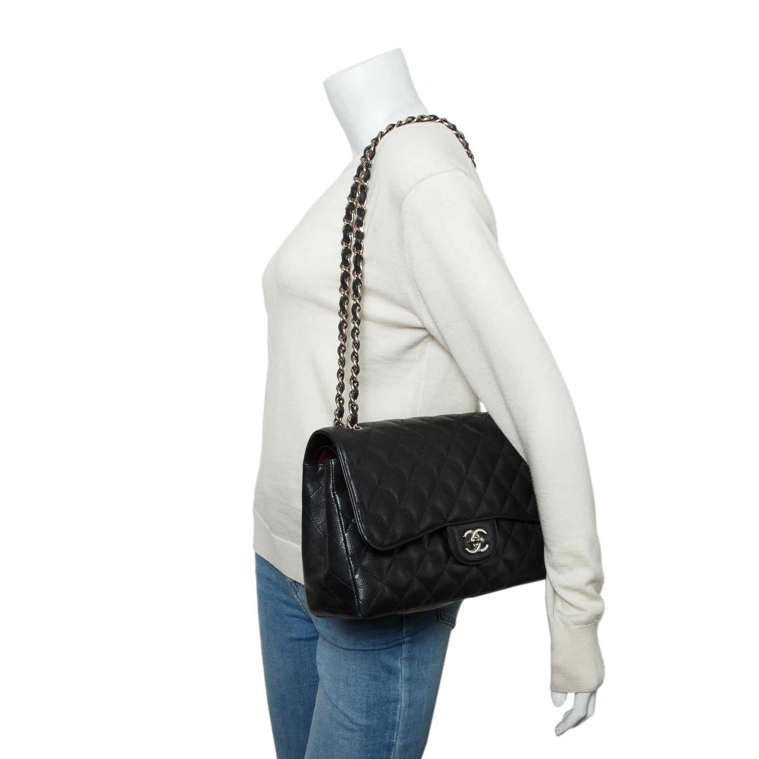 Chanel Black Caviar Quilted Leather Classic Jumbo Double Flap Bag w/ Box & Authenticity Card