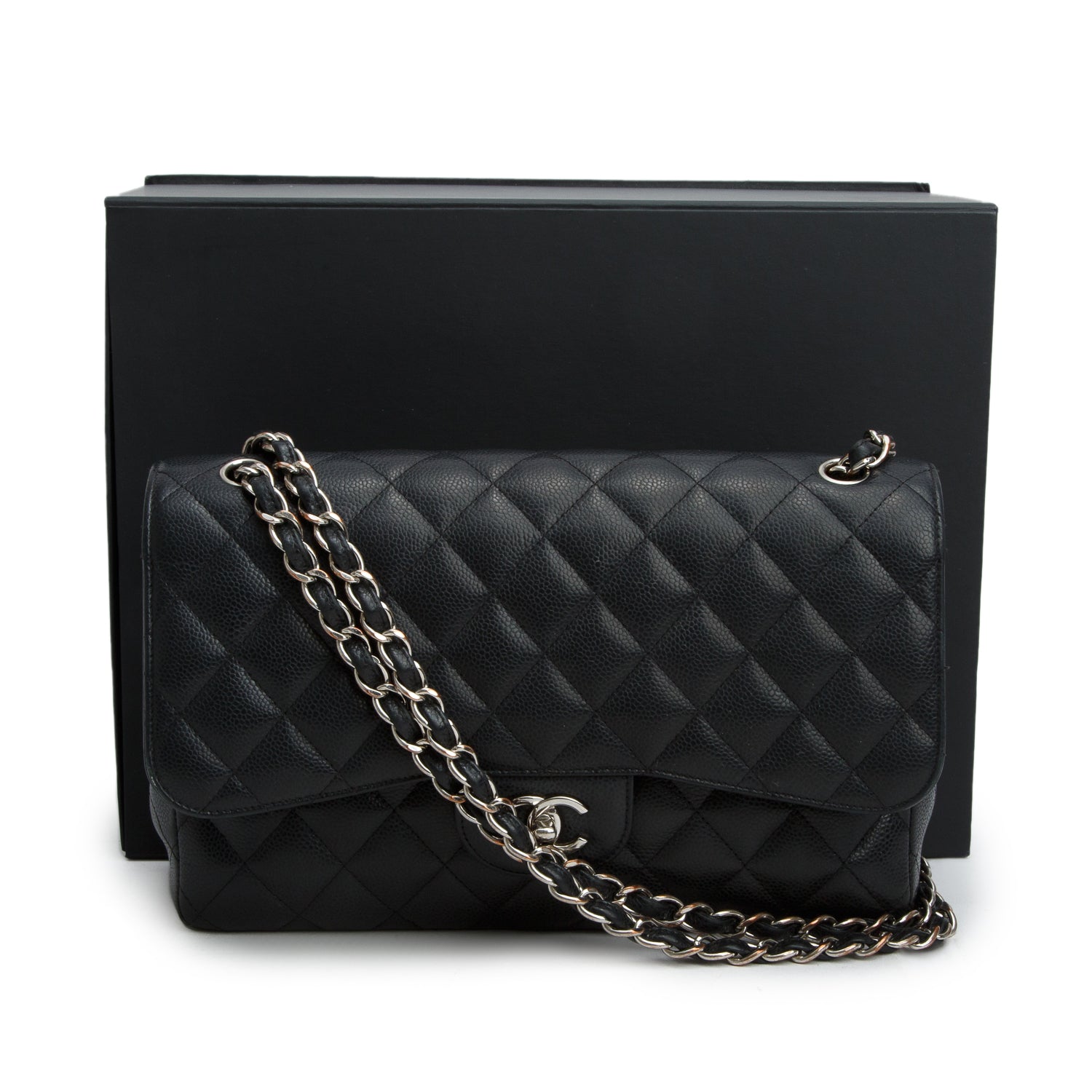 Chanel Black Caviar Quilted Leather Classic Jumbo Double Flap Bag w/ Box & Authenticity Card