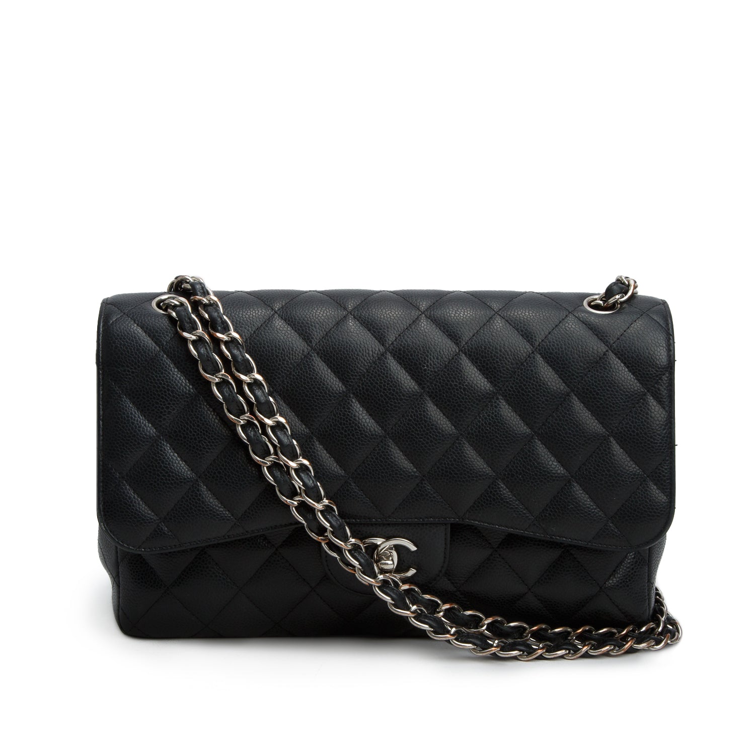 Chanel Black Caviar Quilted Leather Classic Jumbo Double Flap Bag w/ Box & Authenticity Card