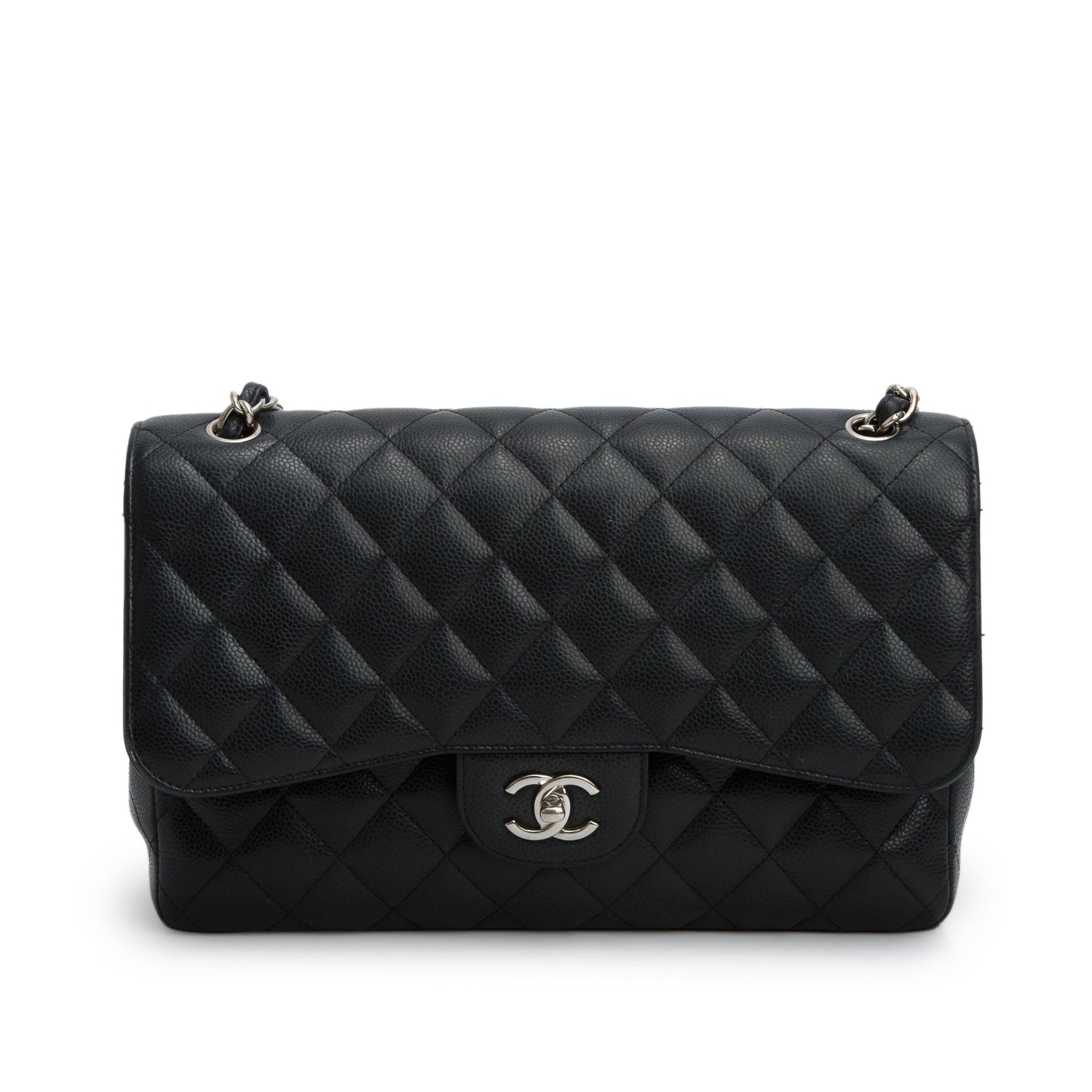 Chanel Black Caviar Quilted Leather Classic Jumbo Double Flap Bag w/ Box & Authenticity Card