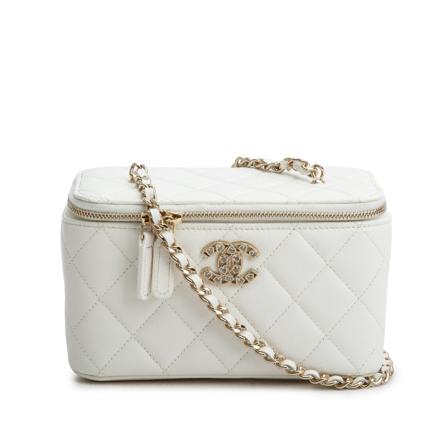 Chanel White Caviar Quilted Crystal Hearts Small Vanity Case w/ Chain