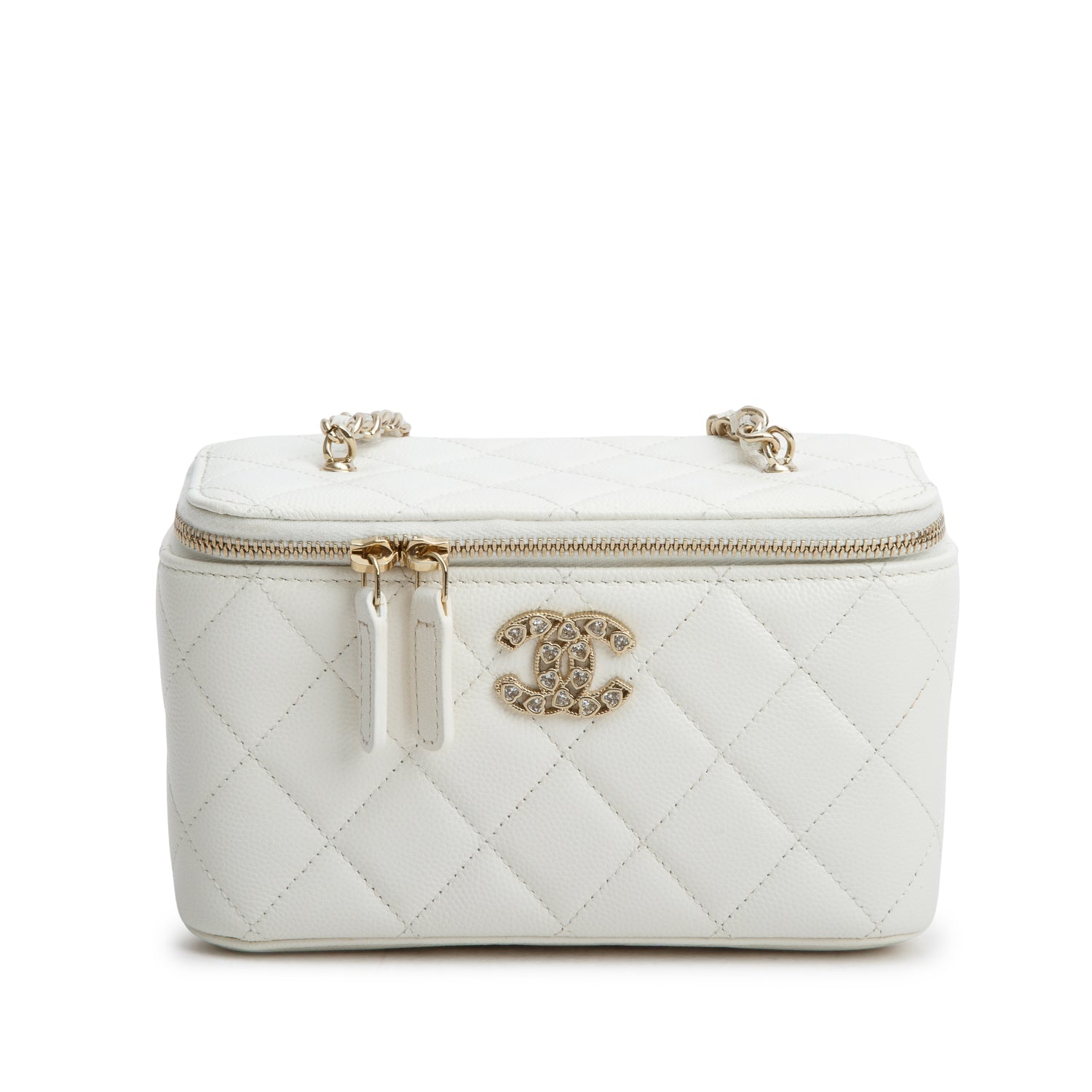 Chanel White Caviar Quilted Crystal Hearts Small Vanity Case w/ Chain