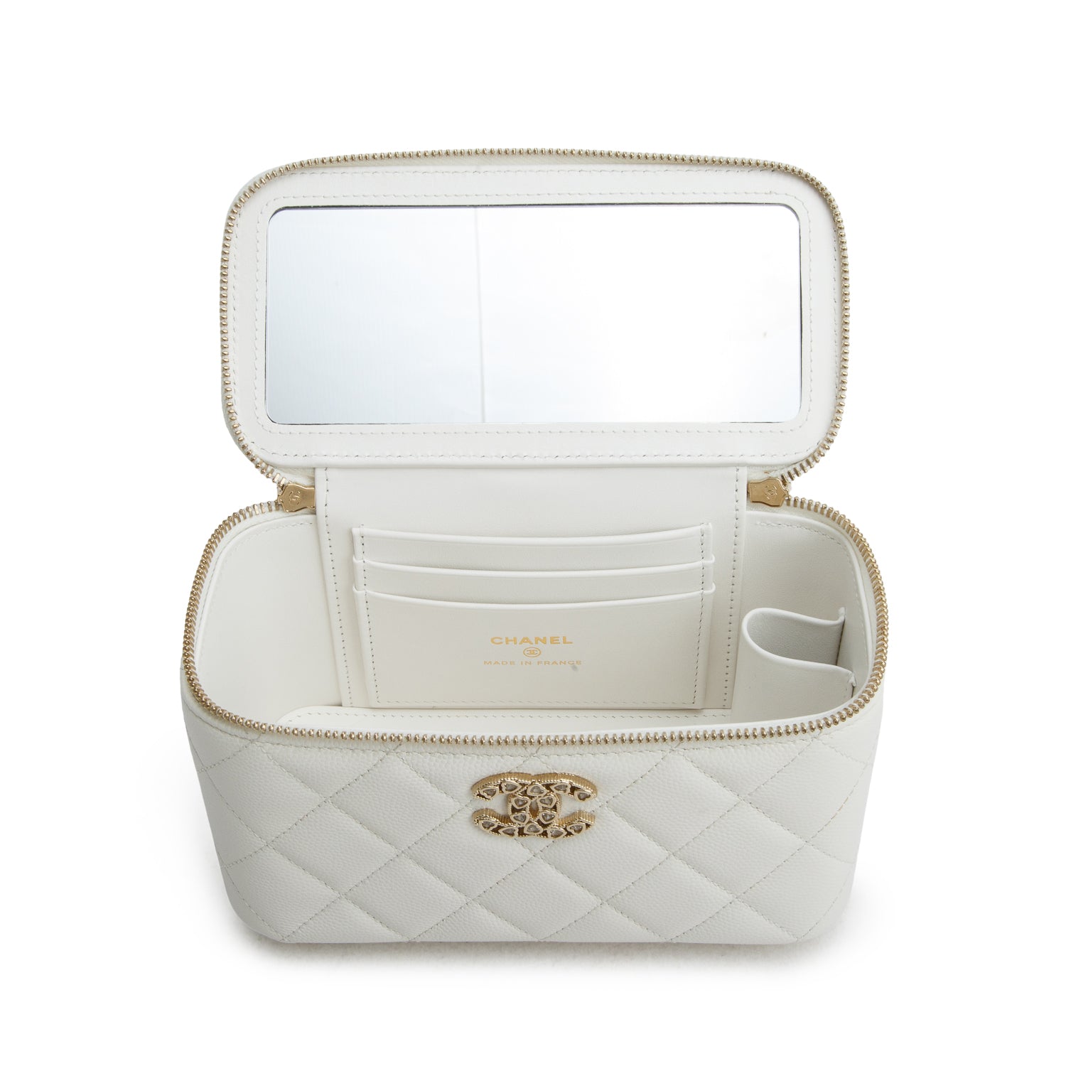 Chanel White Caviar Quilted Crystal Hearts Small Vanity Case w/ Chain