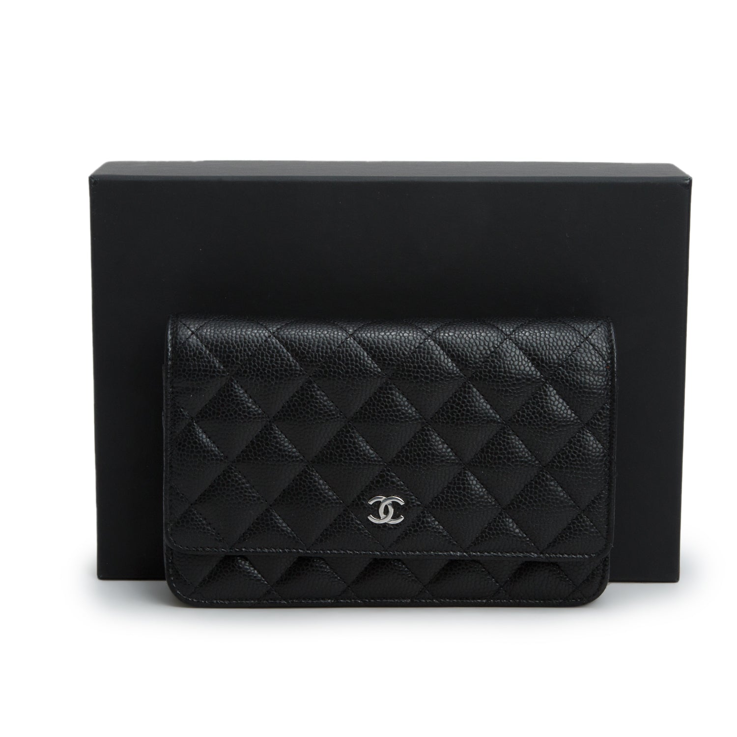 Chanel Black Caviar Quilted Classic Wallet on Chain w/ Box