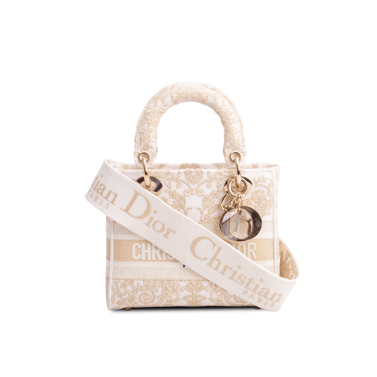 Christian Dior 2025 White & Gold Canvas Dioresque Embroidered Small Lady D-Lite w/ Box, Receipt & Strap