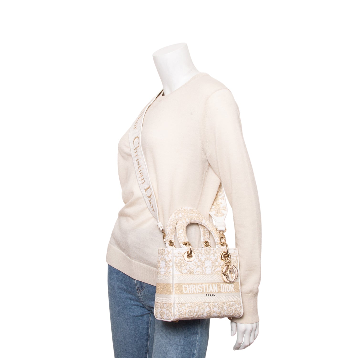 Christian Dior 2025 White & Gold Canvas Dioresque Embroidered Small Lady D-Lite w/ Box, Receipt & Strap