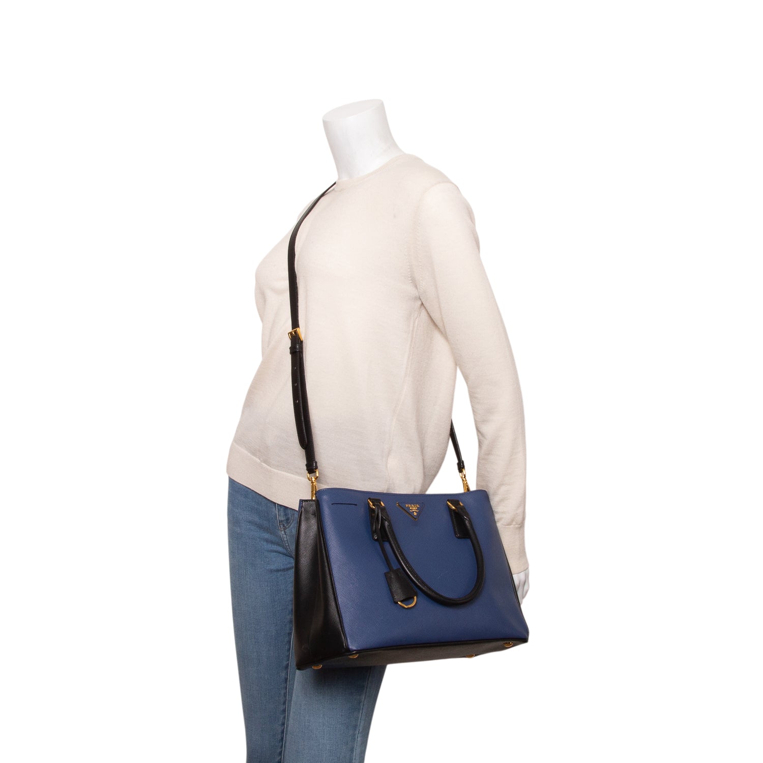 Prada Blue & Black Saffiano Lux Medium Galleria Tote w/ Strap & Authenticity Card