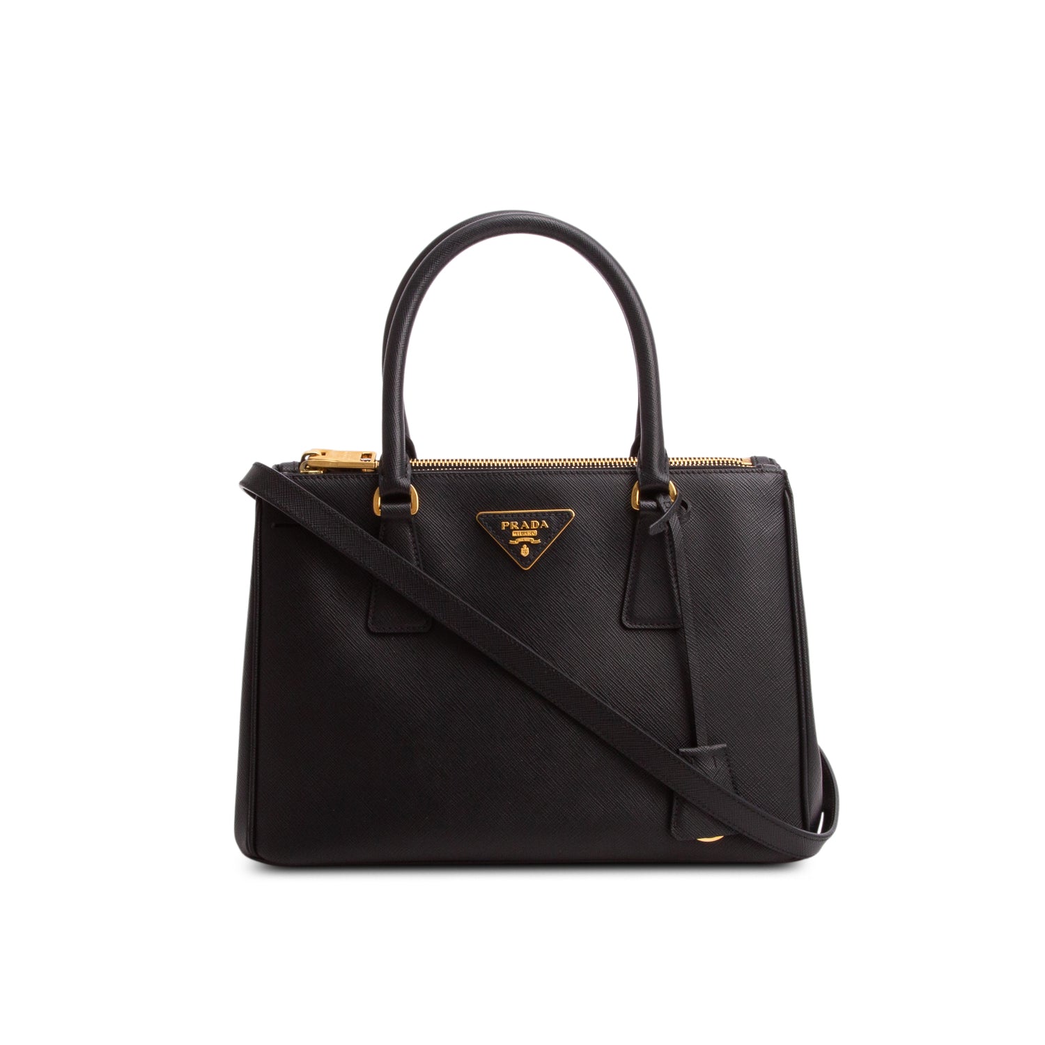 Prada Black Saffiano Lux Medium Double Zip Galleria Tote w/ Strap