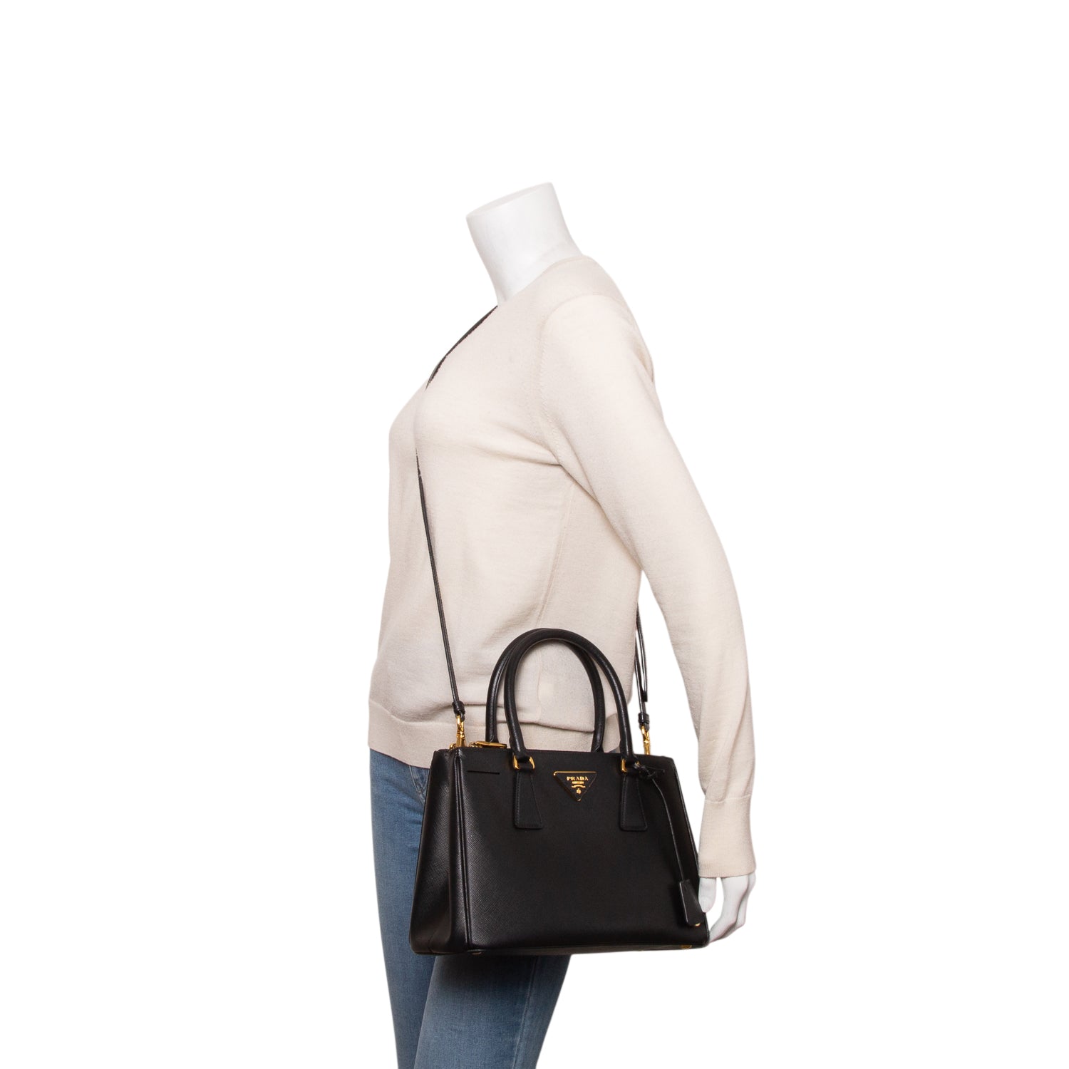 Prada Black Saffiano Lux Medium Double Zip Galleria Tote w/ Strap