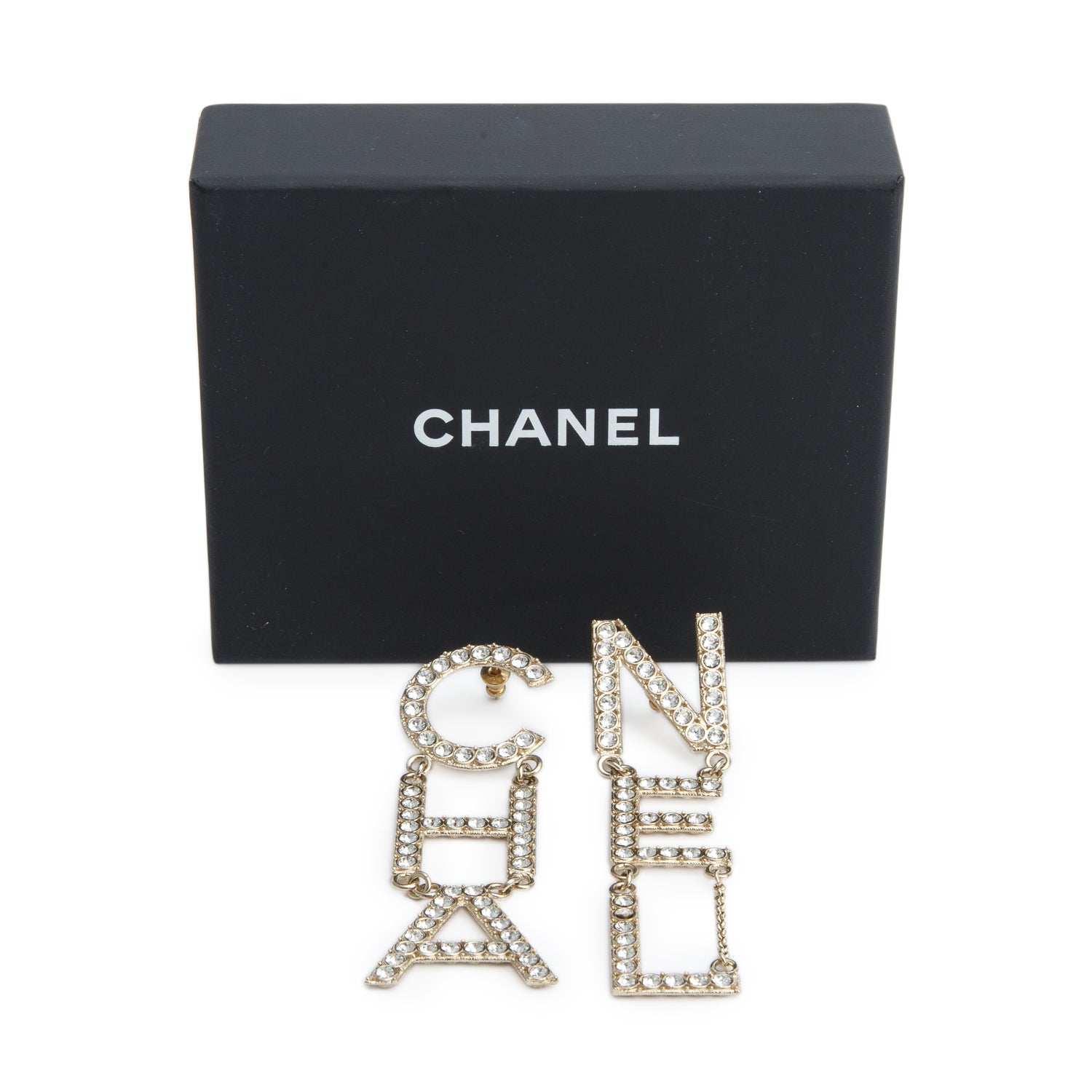 Chanel 2020 Gold Plated Strass 'CHA-NEL' Drop Earrings w/ Box