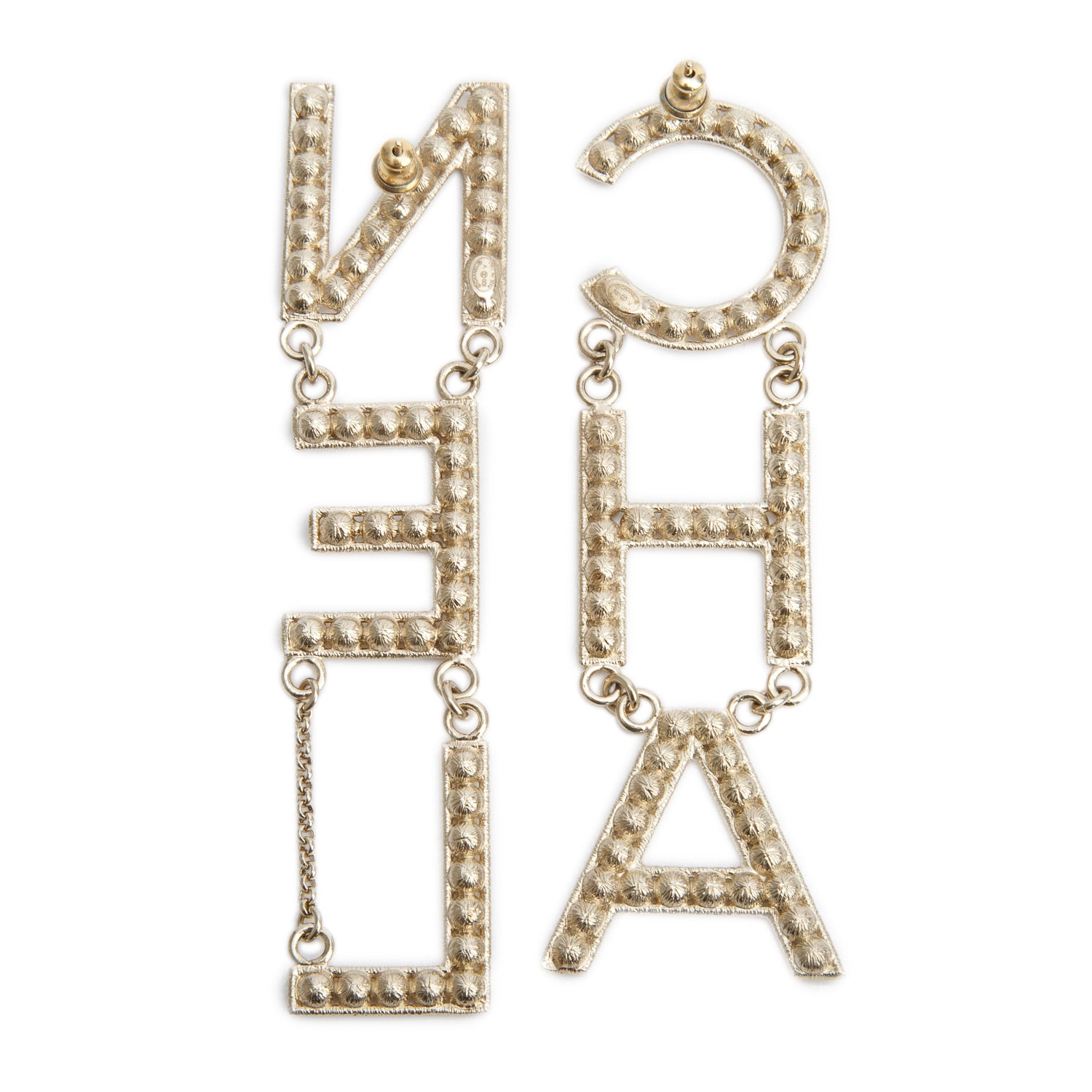 Chanel 2020 Gold Plated Strass 'CHA-NEL' Drop Earrings w/ Box