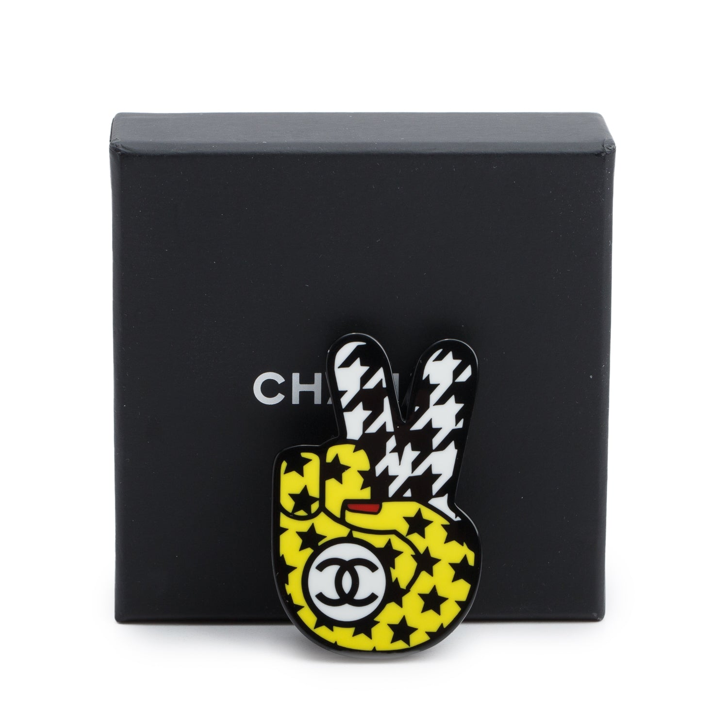 Chanel Palladium Plated Multicolor Resin Peace Sign Pin Brooch w/ Box
