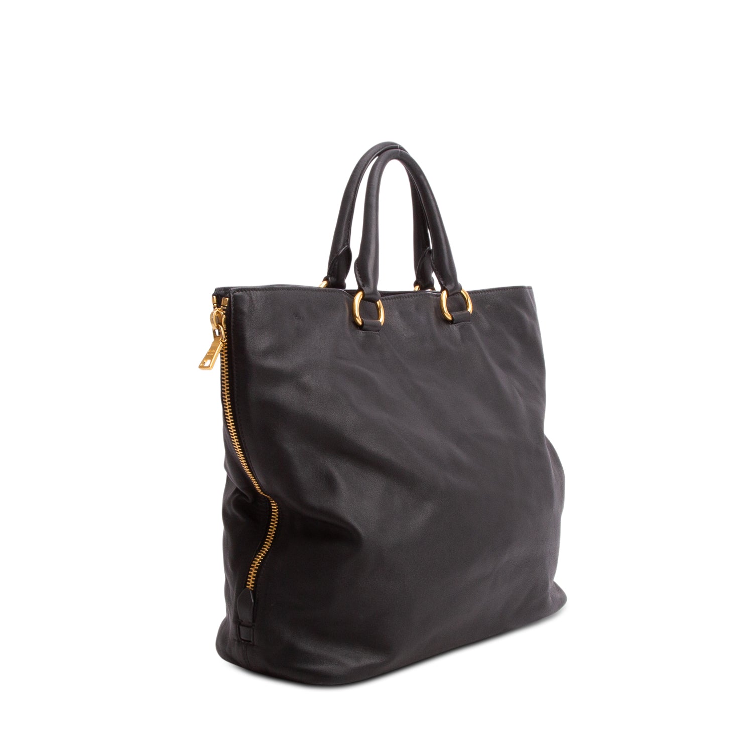Prada Black Soft Calfskin Side Zip Tote w/ Strap