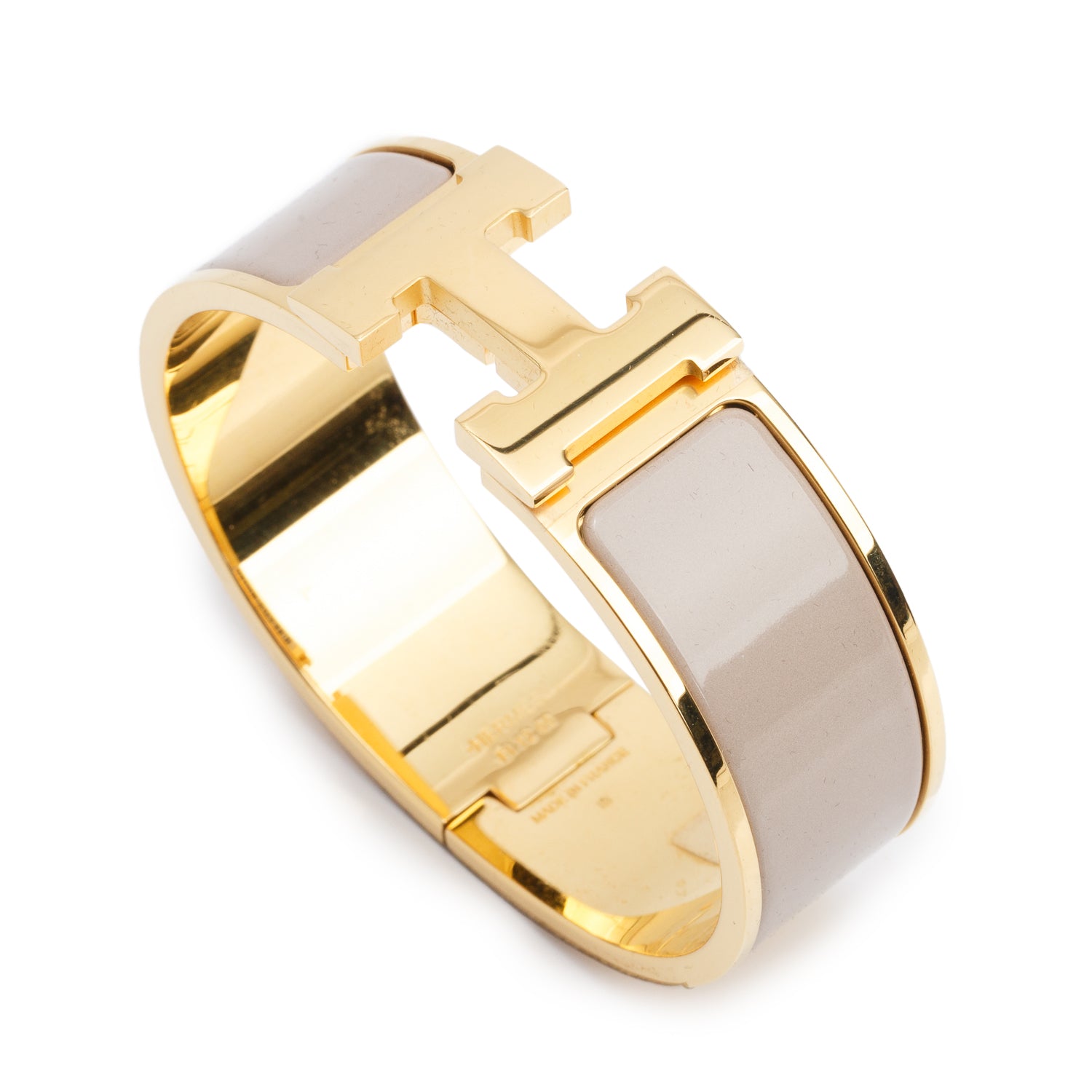 Hermes Gold Plated Beige Enamel Clic Clac H Bracelet w/ Box
