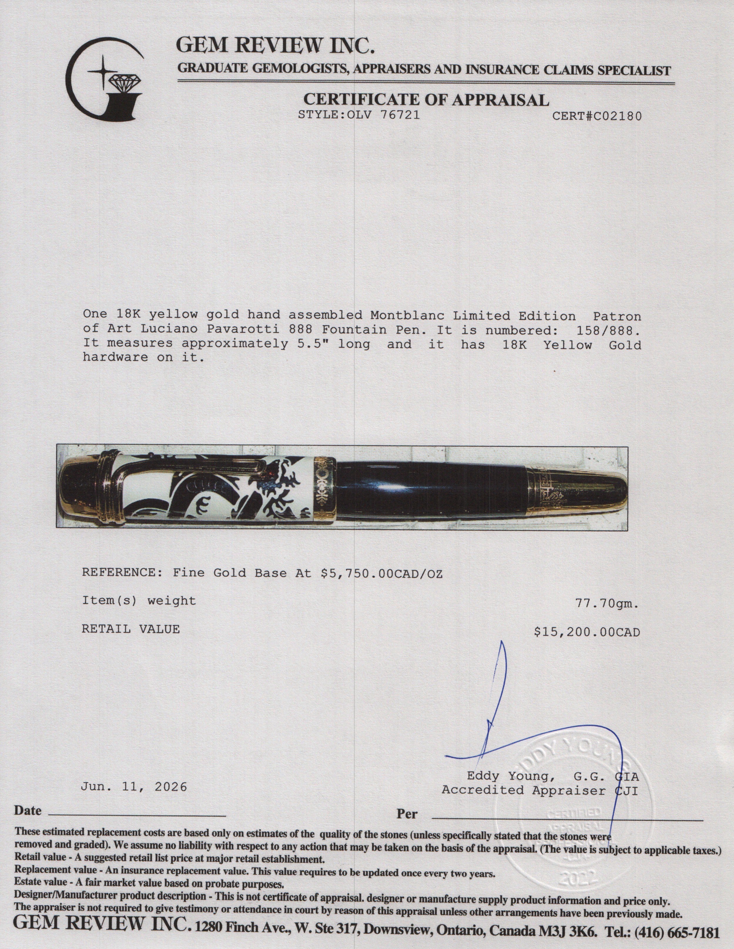 Montblanc 18k Yellow Gold Limited Edition Patron of Art Luciano Pavarotti 888 Fountain Pen w/ Box & Receipt