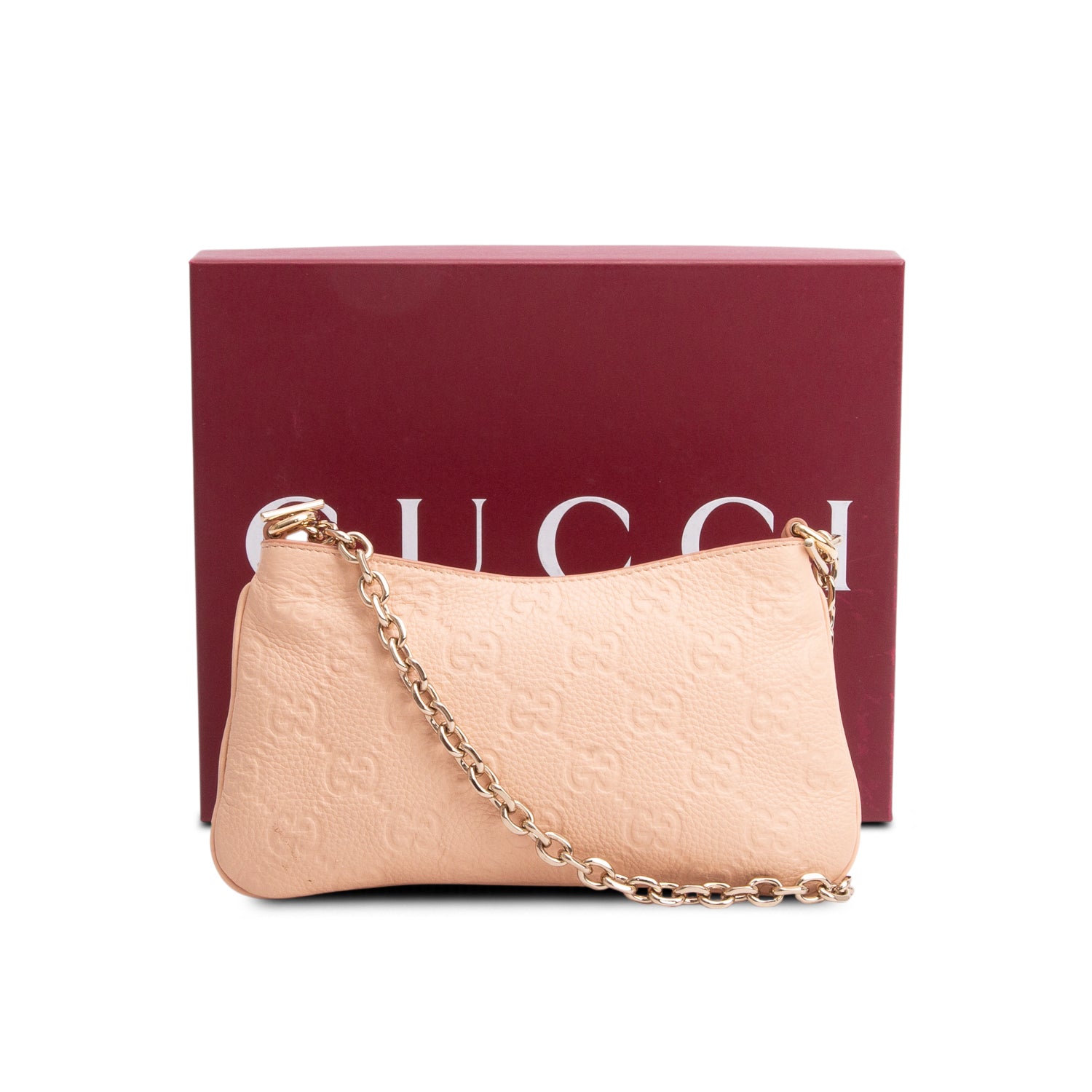 Gucci Pink GG Grainy Calfskin Emblem Super Mini Shoulder Bag w/ Box & Straps