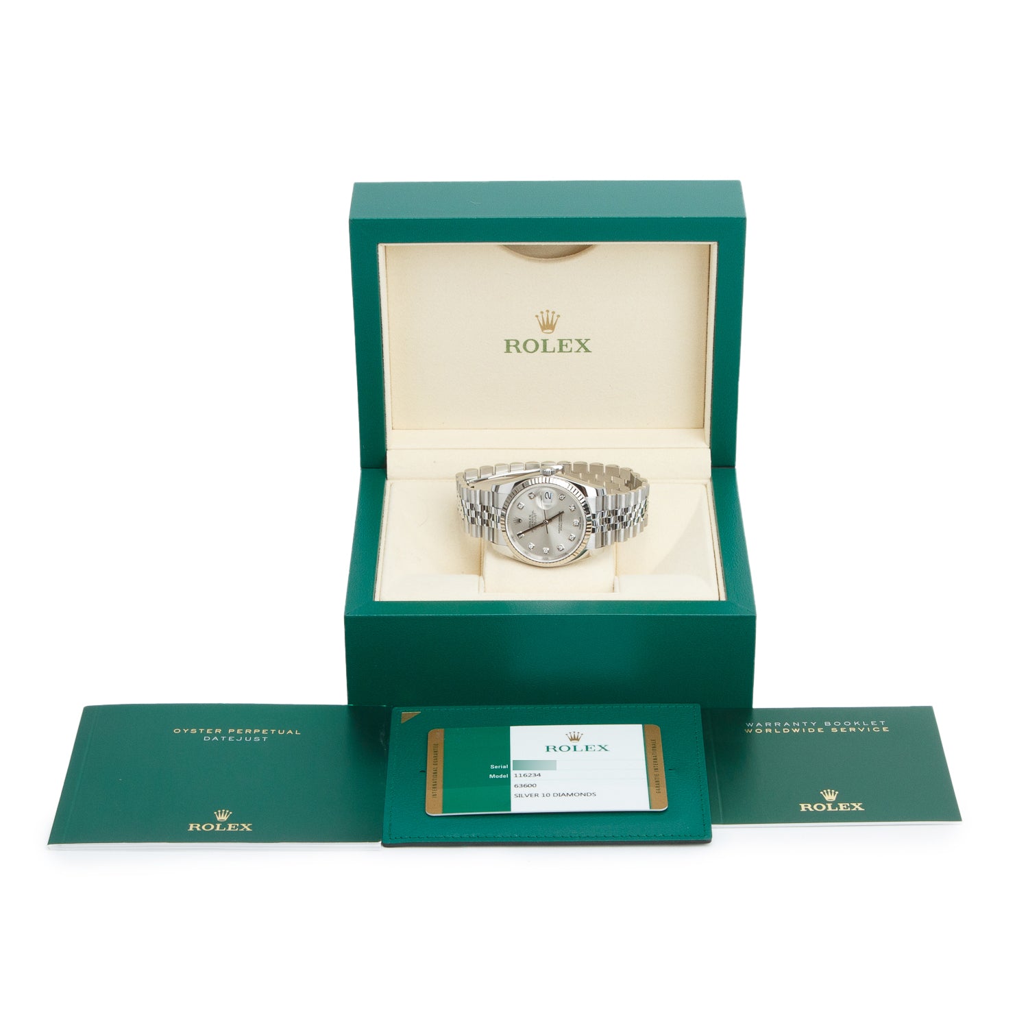 Rolex Stainless Steel Datejust 36 MM Automatic Watch Silver Diamond Dial 116234 w/ Box & Papers