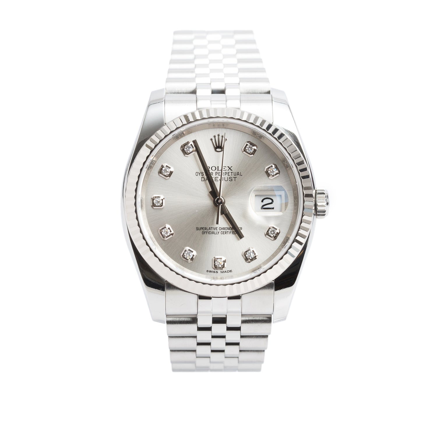 Rolex Stainless Steel Datejust 36 MM Automatic Watch Silver Diamond Dial 116234 w/ Box & Papers