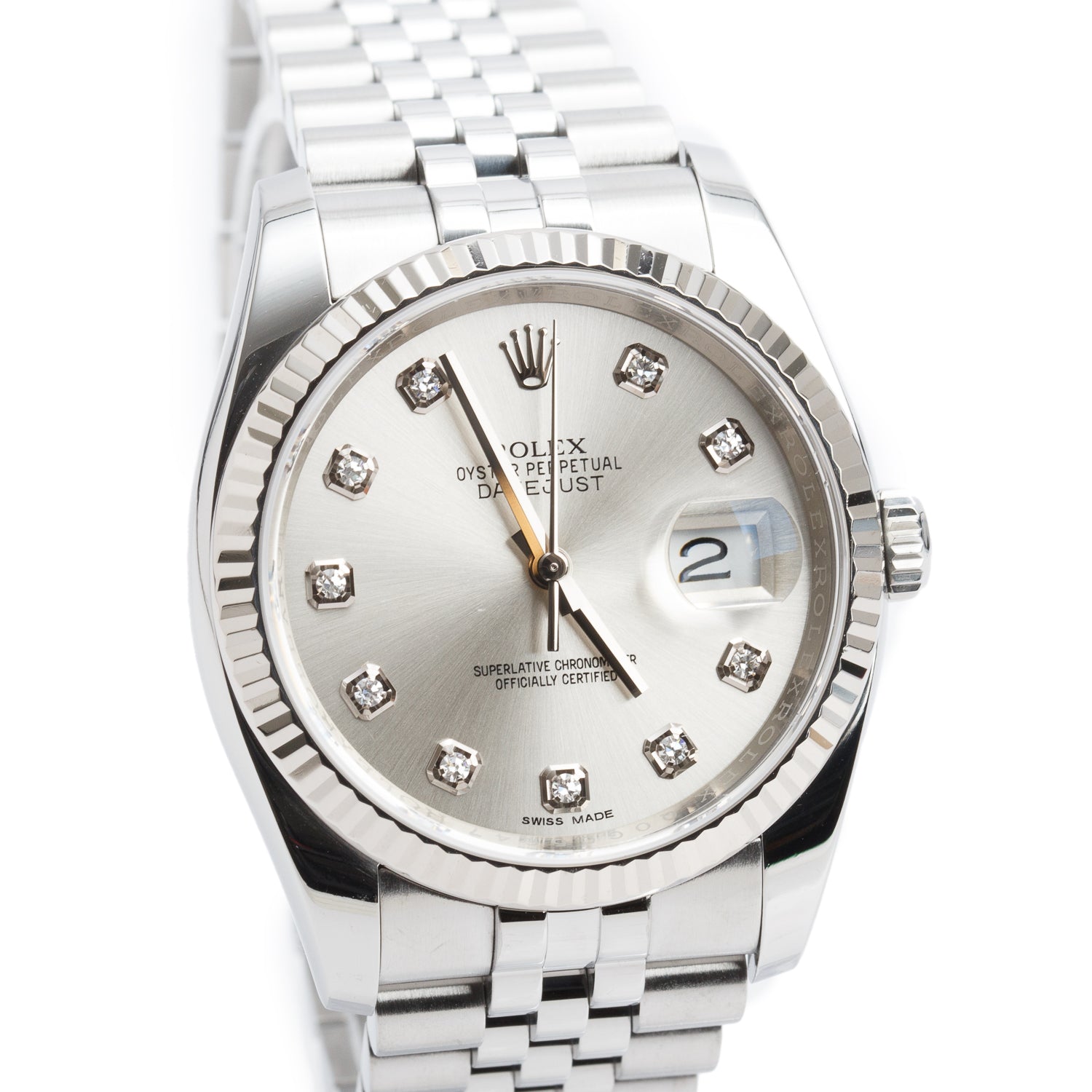 Rolex Stainless Steel Datejust 36 MM Automatic Watch Silver Diamond Dial 116234 w/ Box & Papers