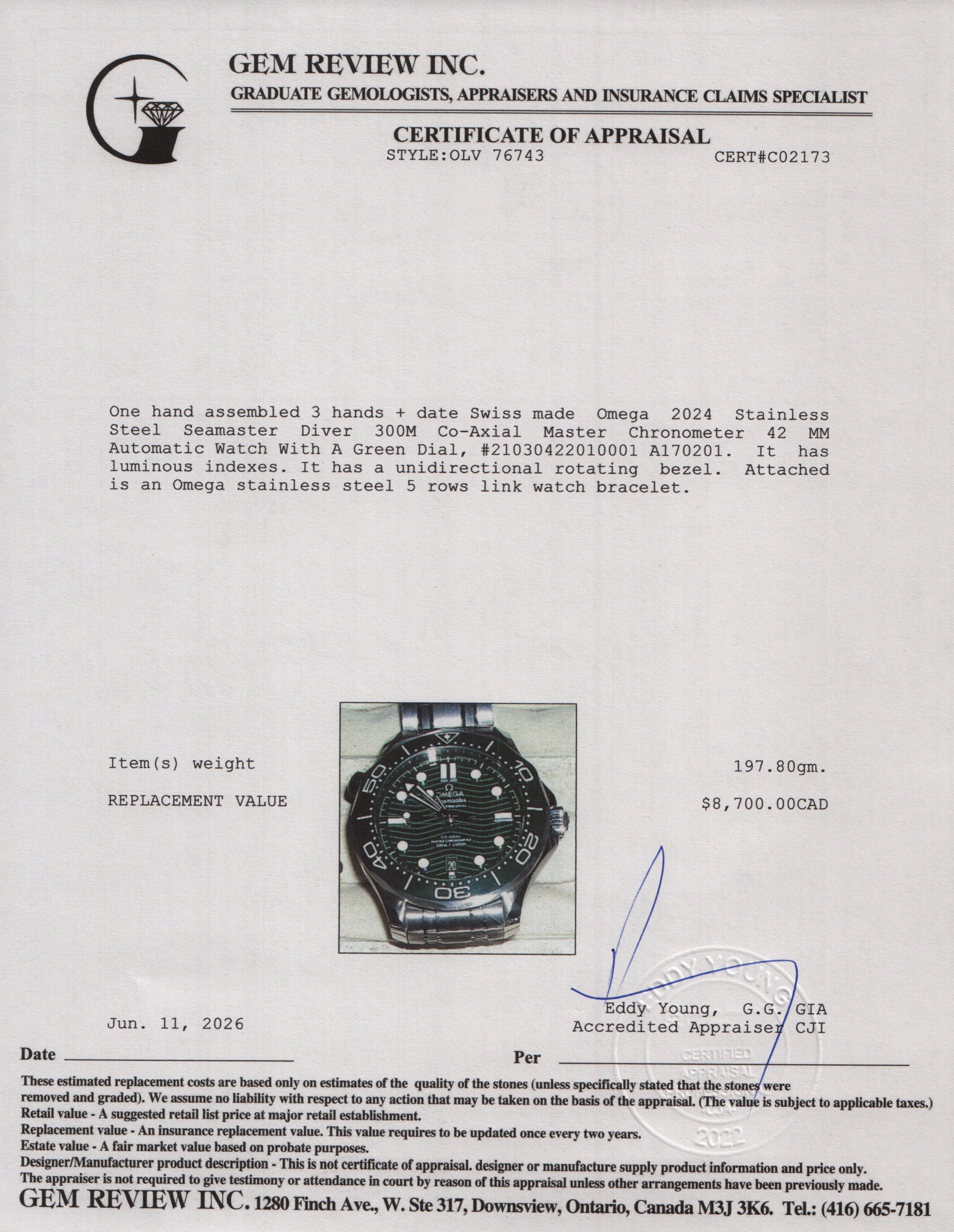 Omega 2024 Stainless Steel Seamaster Diver 300M Co-Axial Master Chronometer 42 MM Automatic Watch Green Dial w/ Box, Papers & Extra Strap